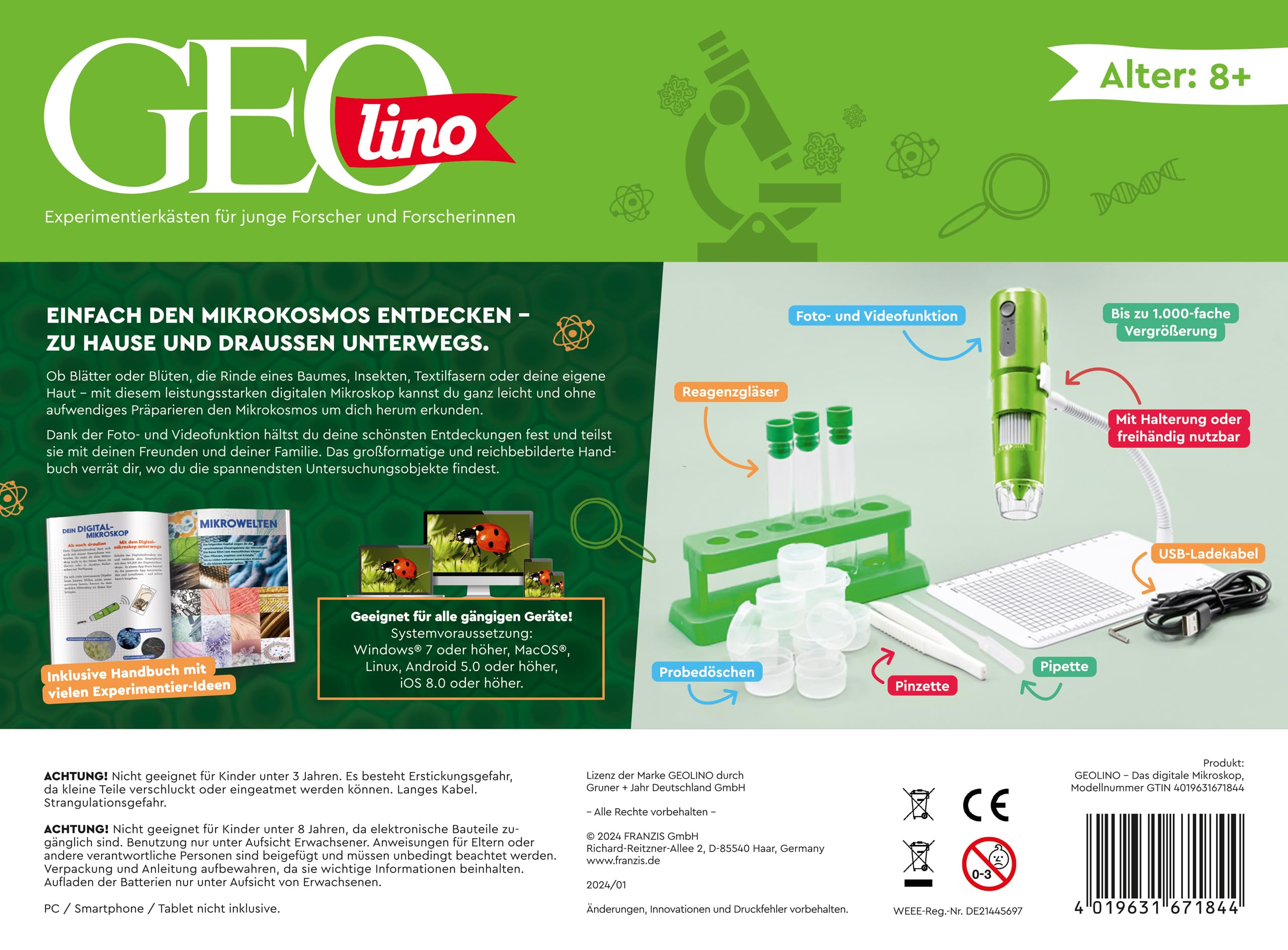FRANZIS 67184 - GEOLINO Digitales Mikroskop, das große Entdecker-Set mit Experimentierideen für drinnen und draußen für Kinder ab 8 Jahren, inkl. 96-seitigem Begleitbuch
