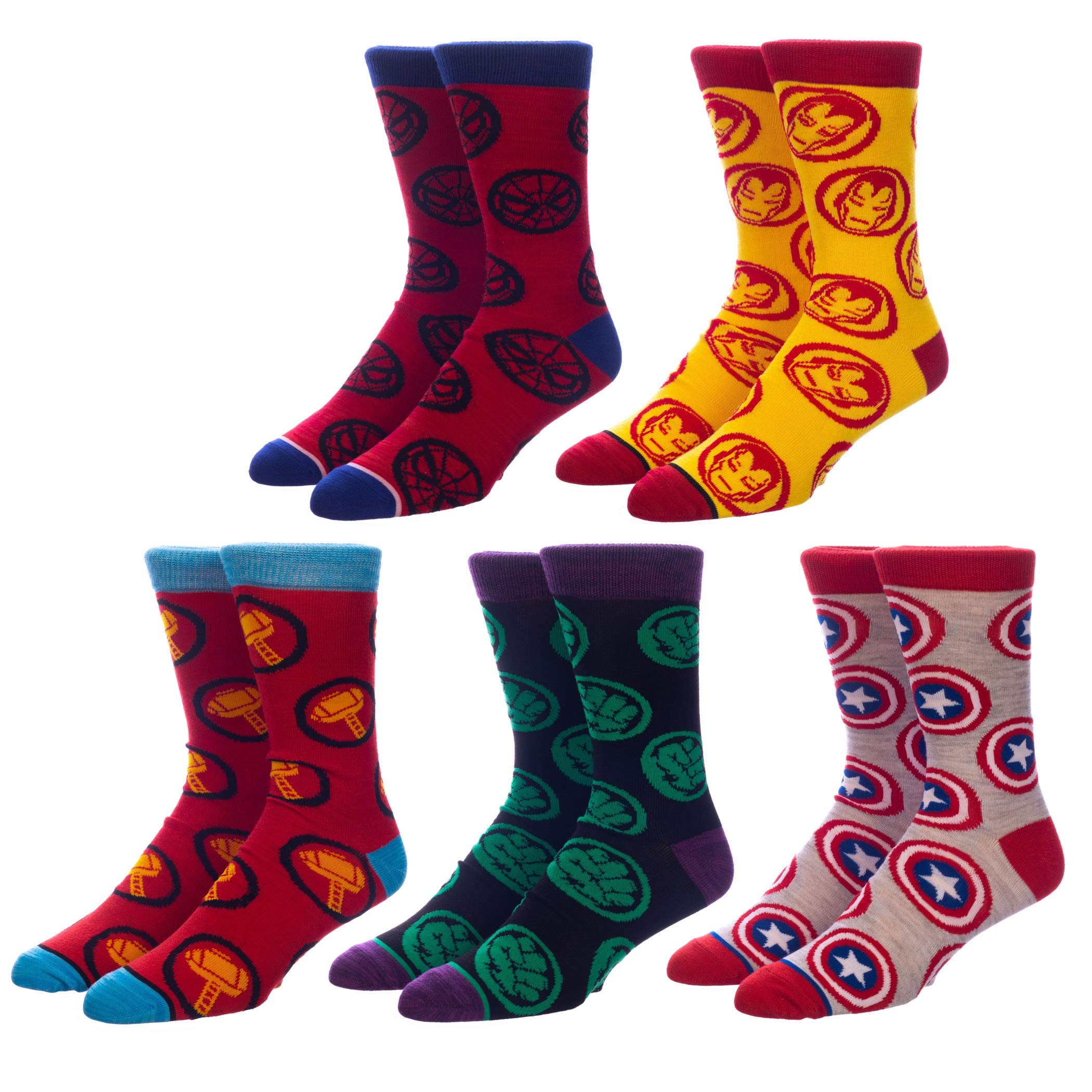 BioworldMarvel The Avengers Comic Character Crew Socks (Pack of 5),10-13,Multi-color, Black, L