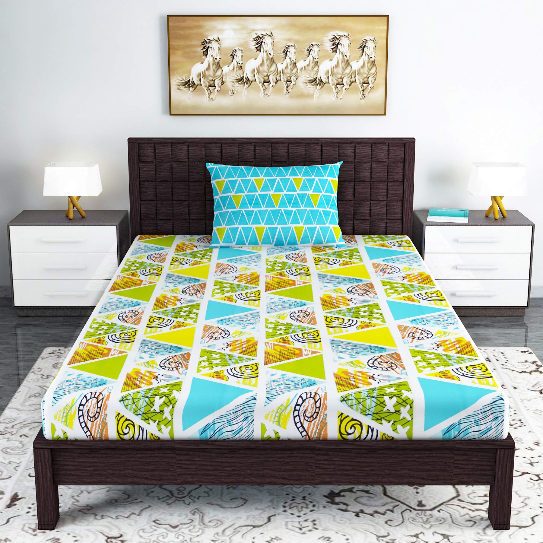 Divine Casa 100% Cotton Bedsheet Set for Single Bed|1 Single Cotton Bedsheet & Pillow Cover|144 TC Breathable & Wrinkle-Free Aesthetic Single Bedsheet Set - Glace Pattern, Multicolor