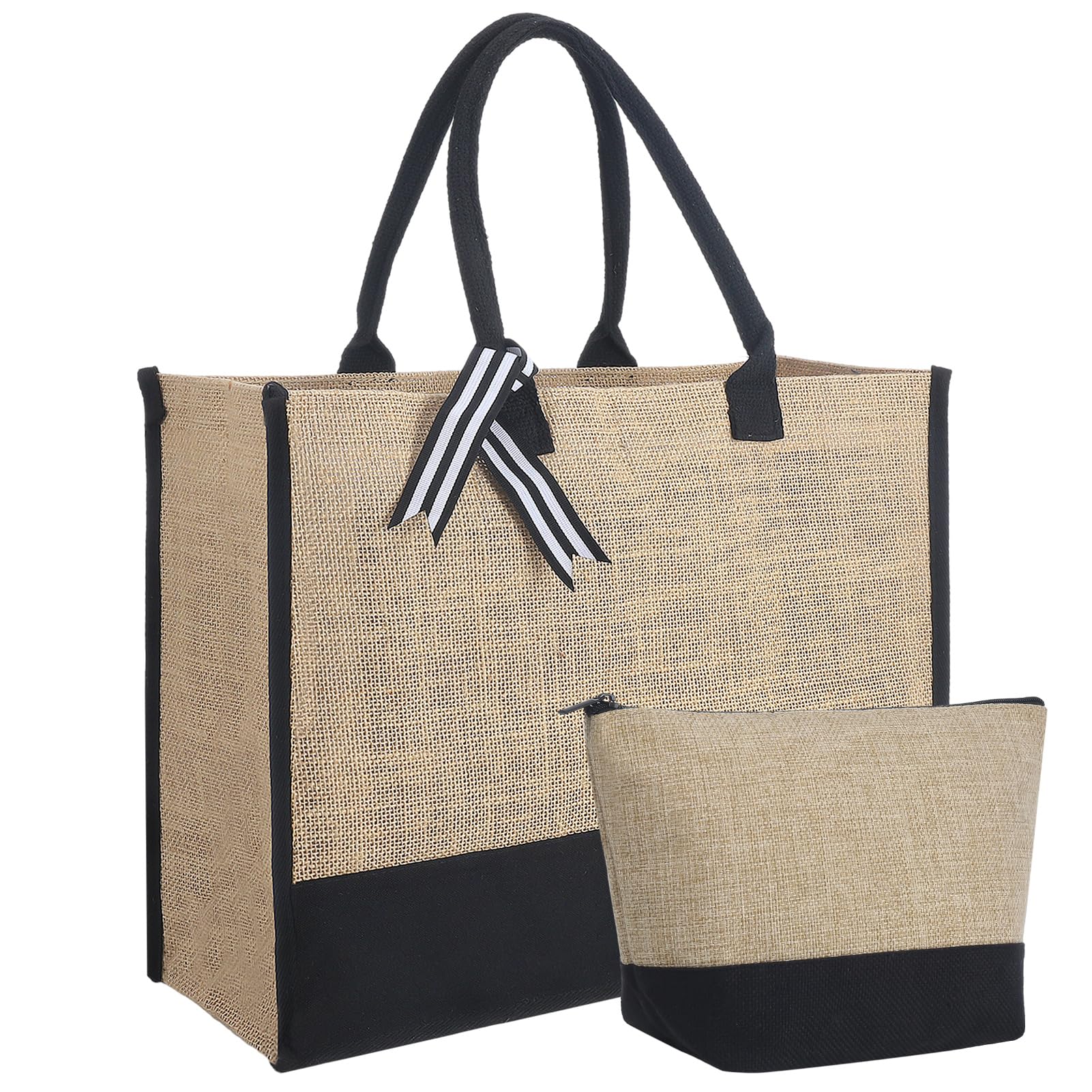 Personalized DIY Jute Beach Tote for Women - Large Capacity Reusable Shopping Handbag With Makeup Bag - Present for Wedding, Birthday, Holiday