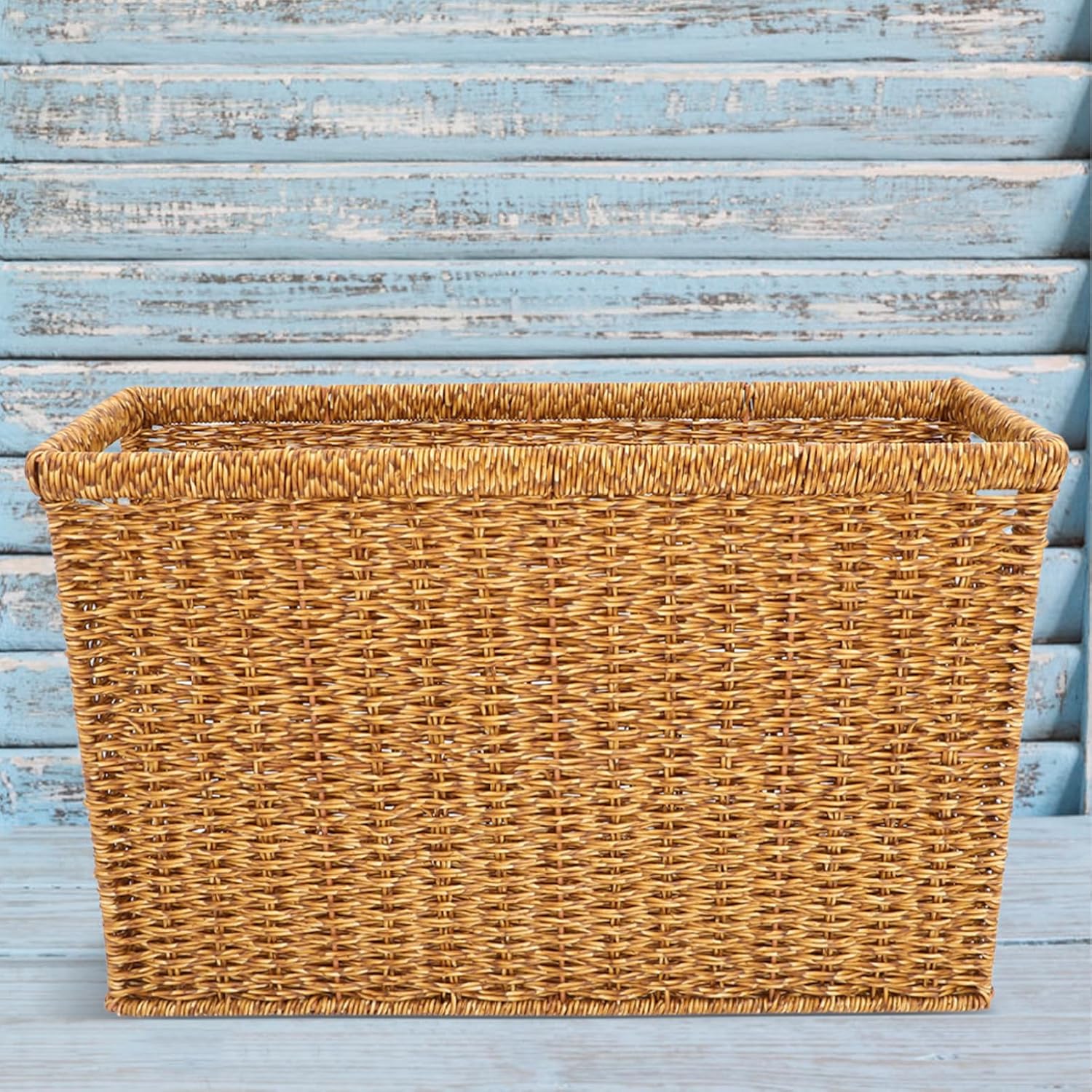 Wicker File Basket Japanese Hand Woven Organizer for Magazines Newspapers Rustic Rattan Storage with Handle Deep