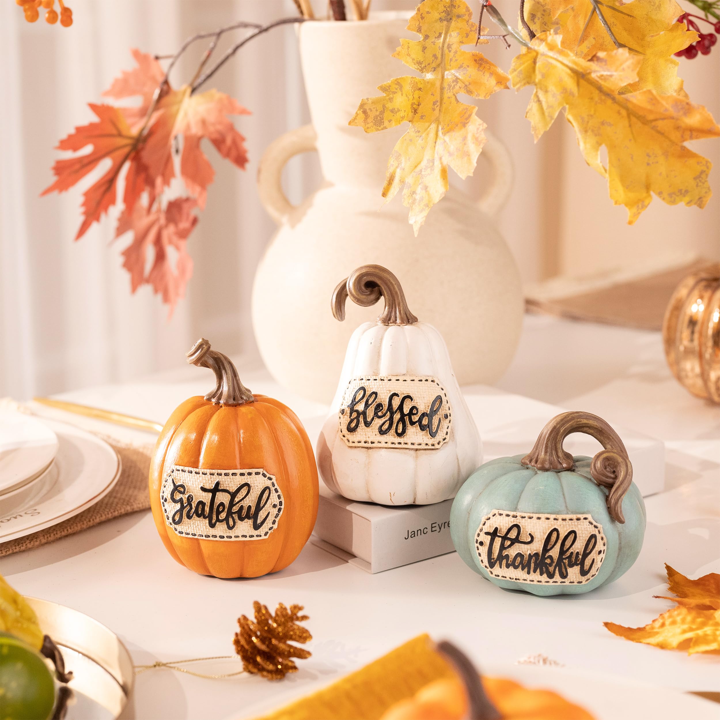 Valery Madelyn Set di 3 zucche decorative per la casa, decorazione da tavolo in resina, per interni, centrotavola, raccolto autunnale, Ringraziamento, sala da pranzo, mensola, 16 cm