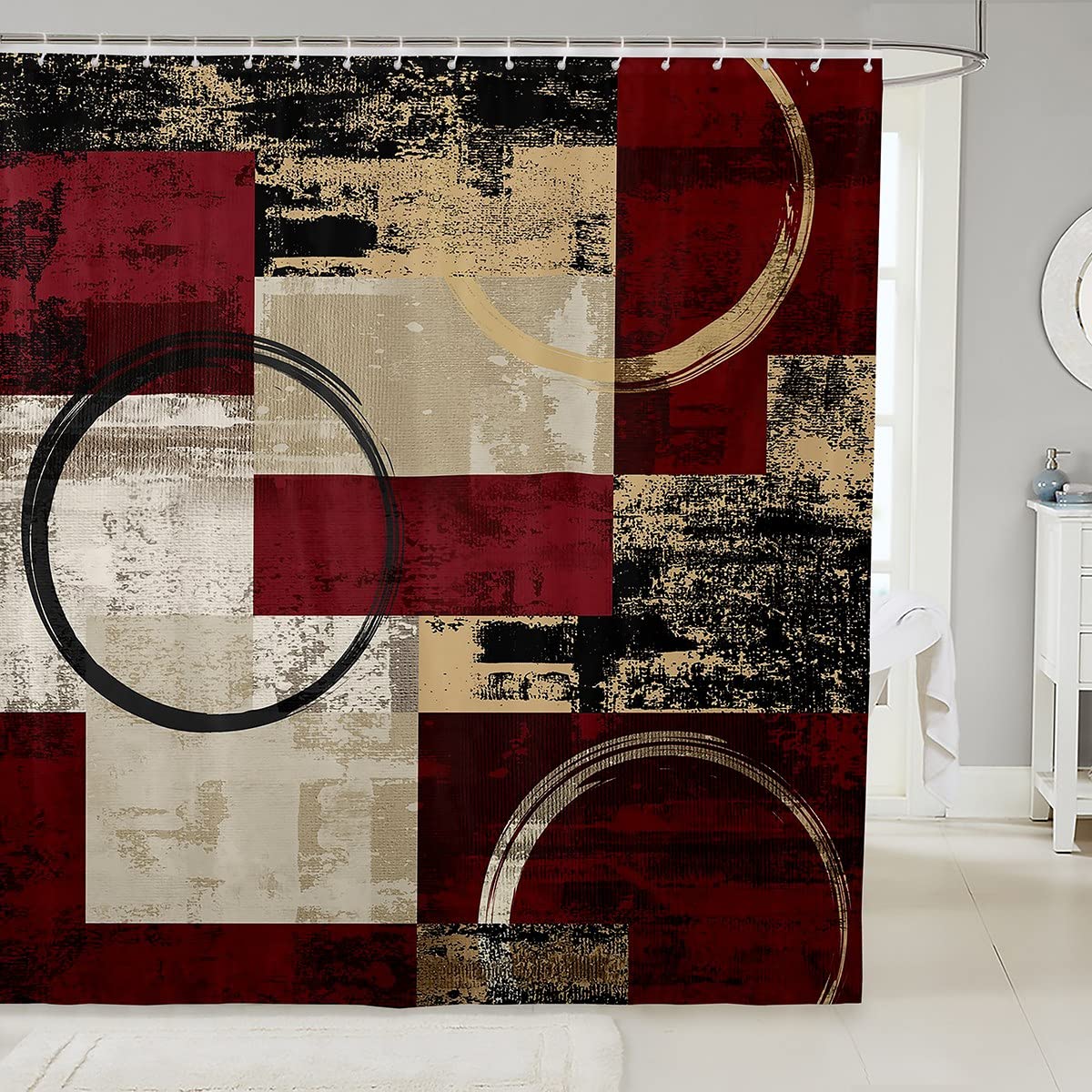 Red Ombre Art Shower Curtain Modern Retro Circular Geometric Circle Bath Curtain,Abstract Round Oil Painting Graffiti Decor Curtain Set,Grunge Striped