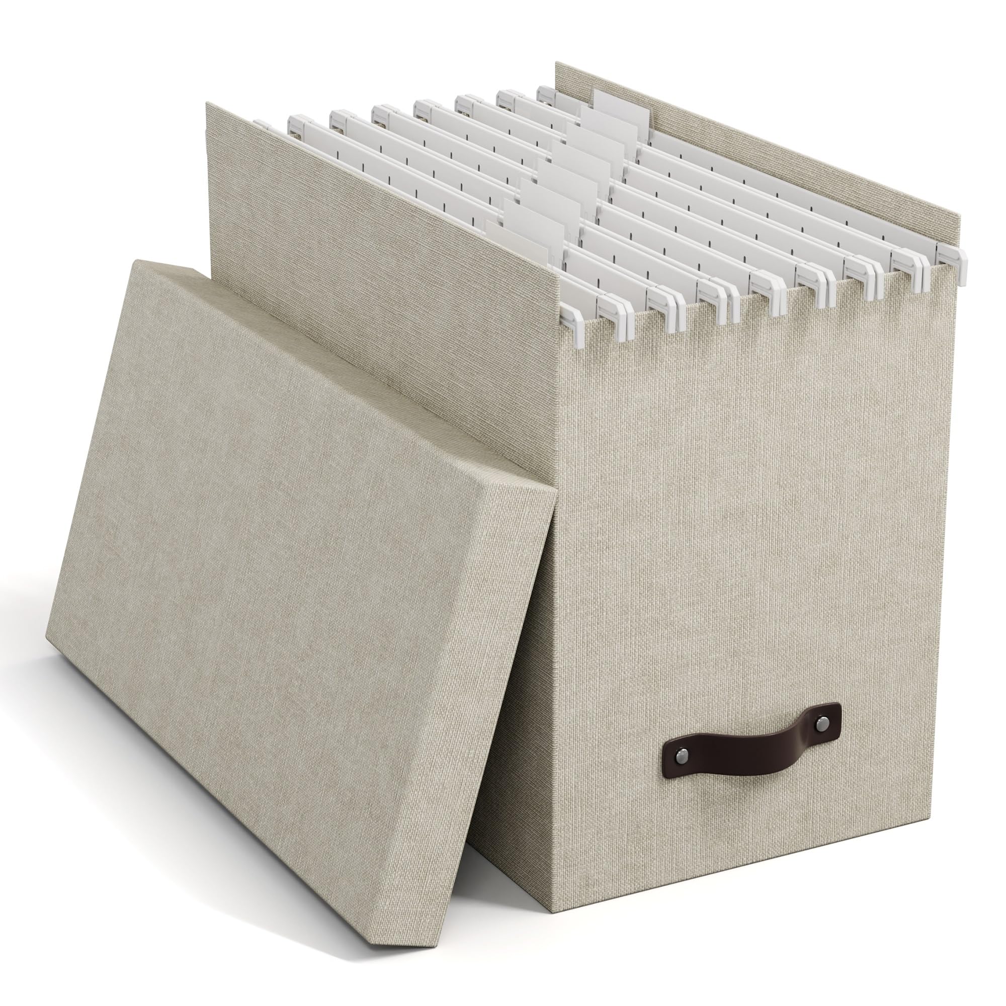 Bigso Box of Sweden File Organiser Storage with Stylish Leather Handle - Scandinavian Look Organiser Box Including 8 Hanging Files - Container for Folders Made of Fibreboard and Paper - Beige