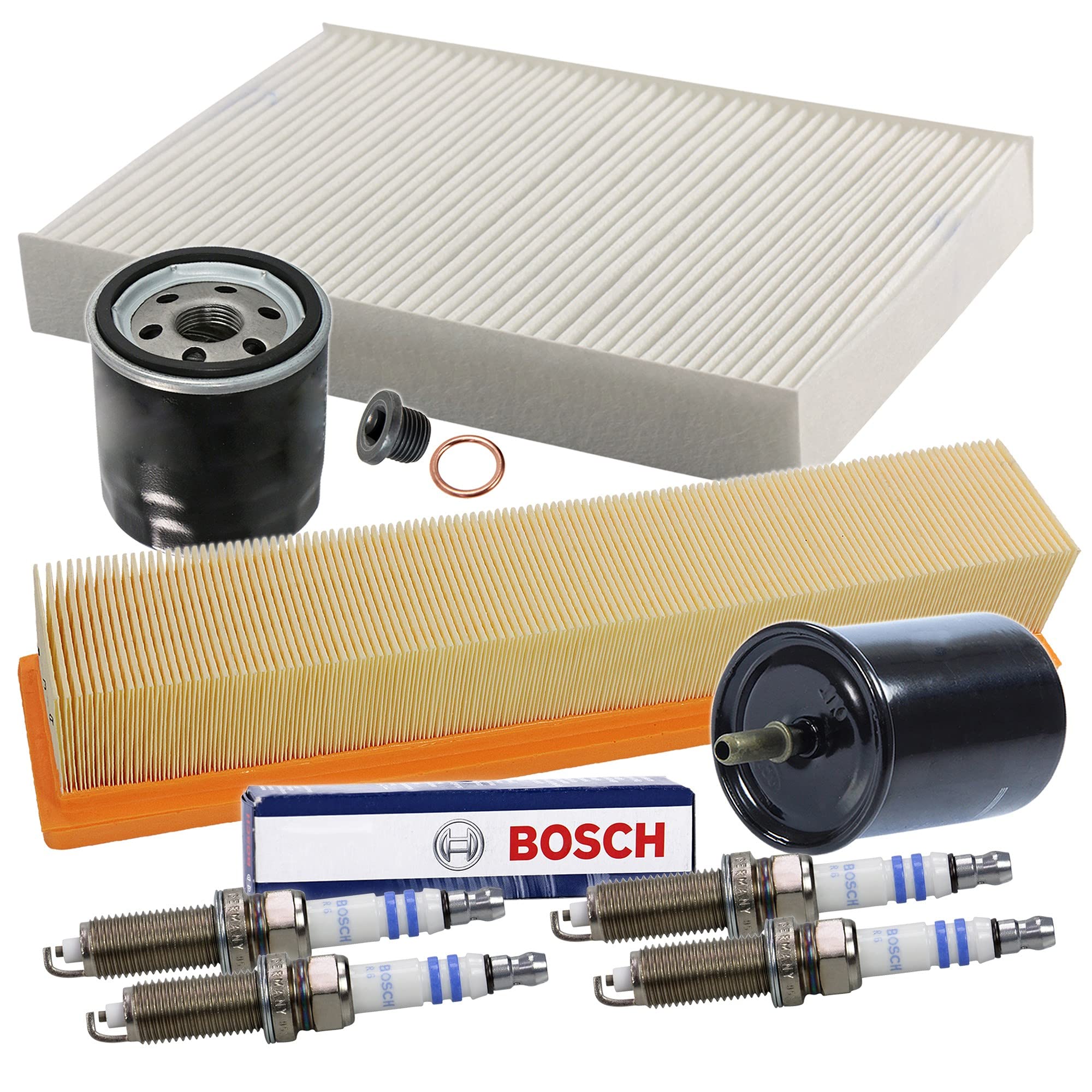 BESTPRICE Paquete de inspección juego de filtros con filtro de aceite,filtro de aire,filtro de habitáculo,filtro de combustible,4x bujías Super Plus VR8SC+,tapón de vaciado de aceite incl. junta