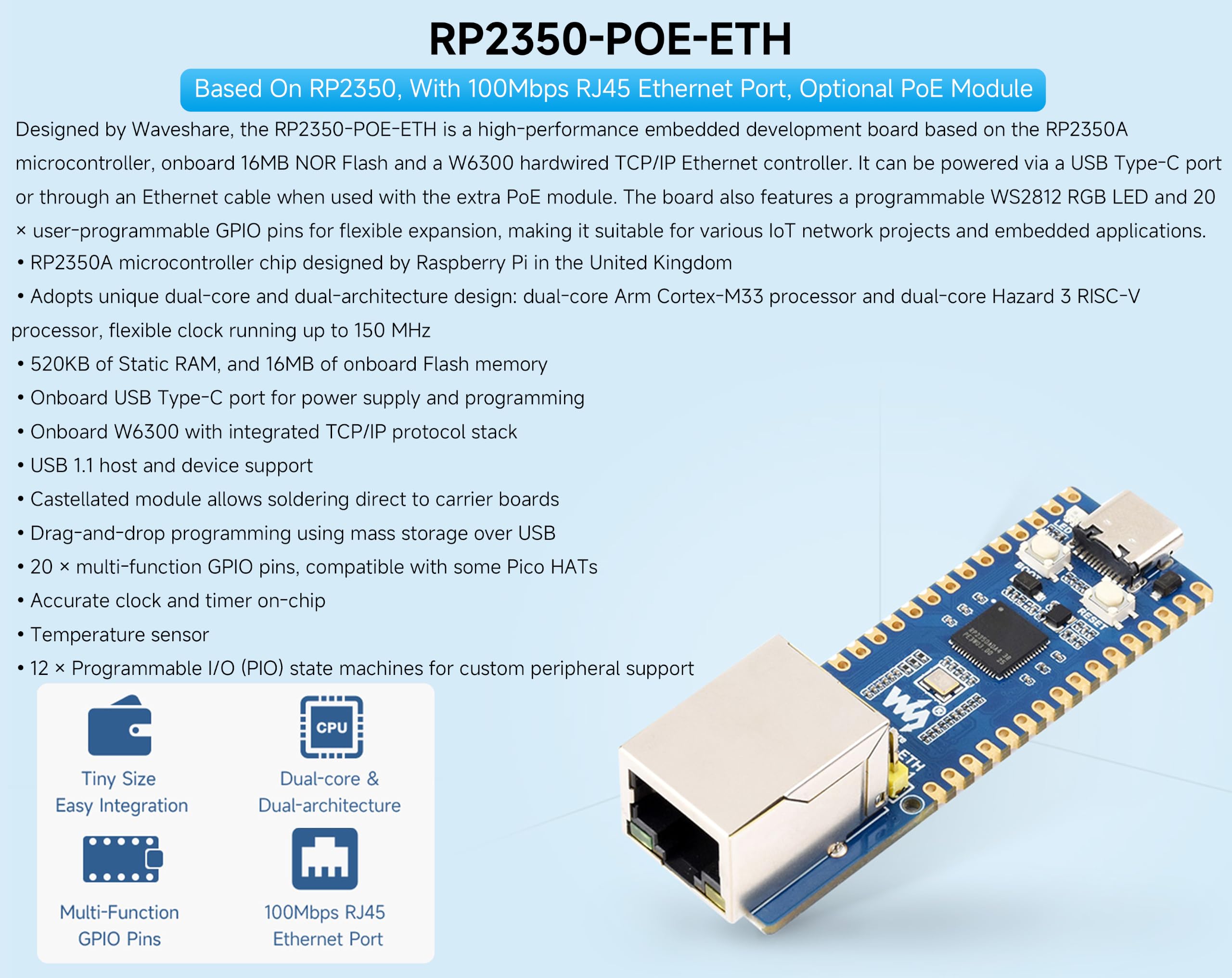 RP2350-POE-ETH Carte de développement, avec en-têtes pré-soudés et module