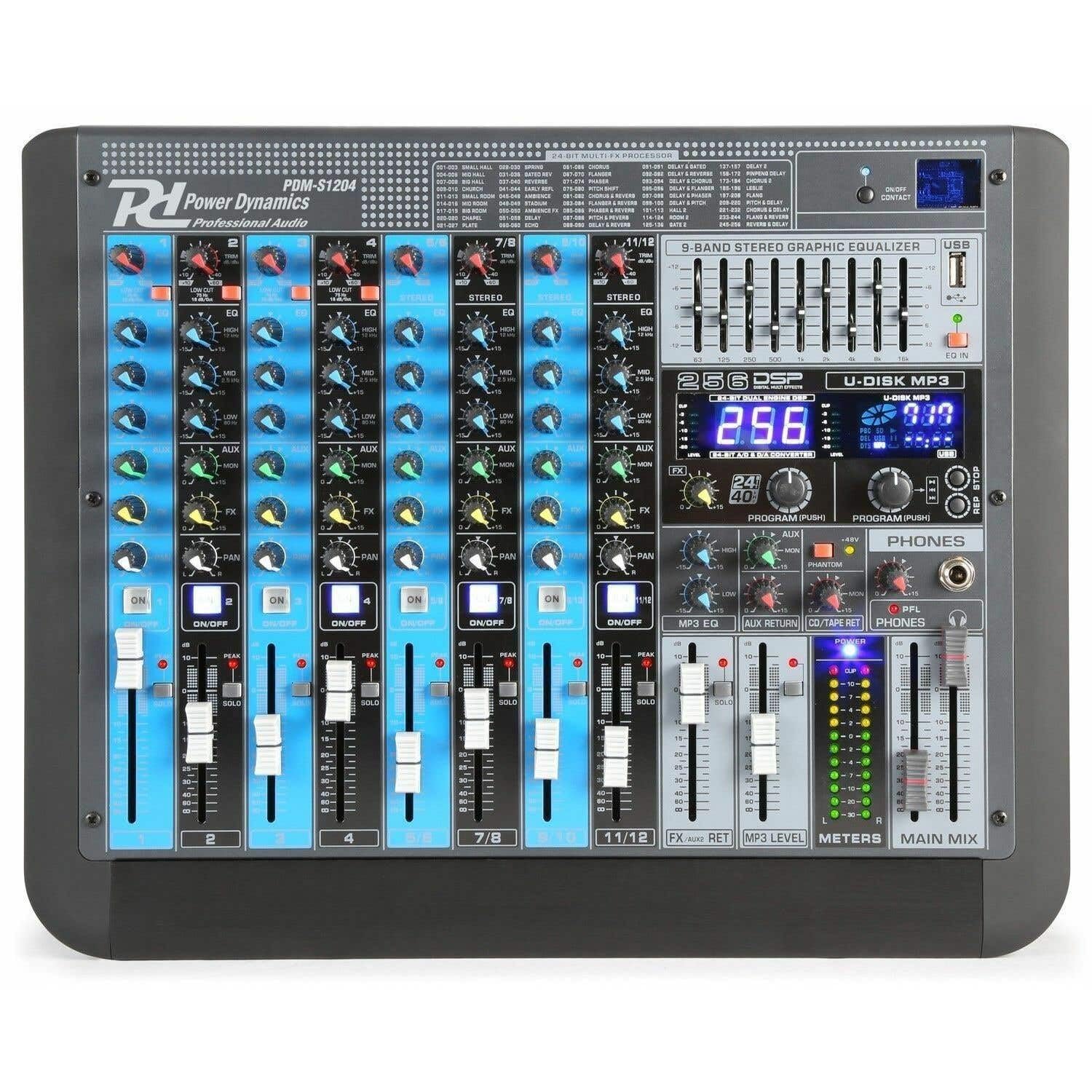 Power Dynamics PDM-S1204 12-Kanal-Mischpult mit MP3, DSP, USB und Bluetooth