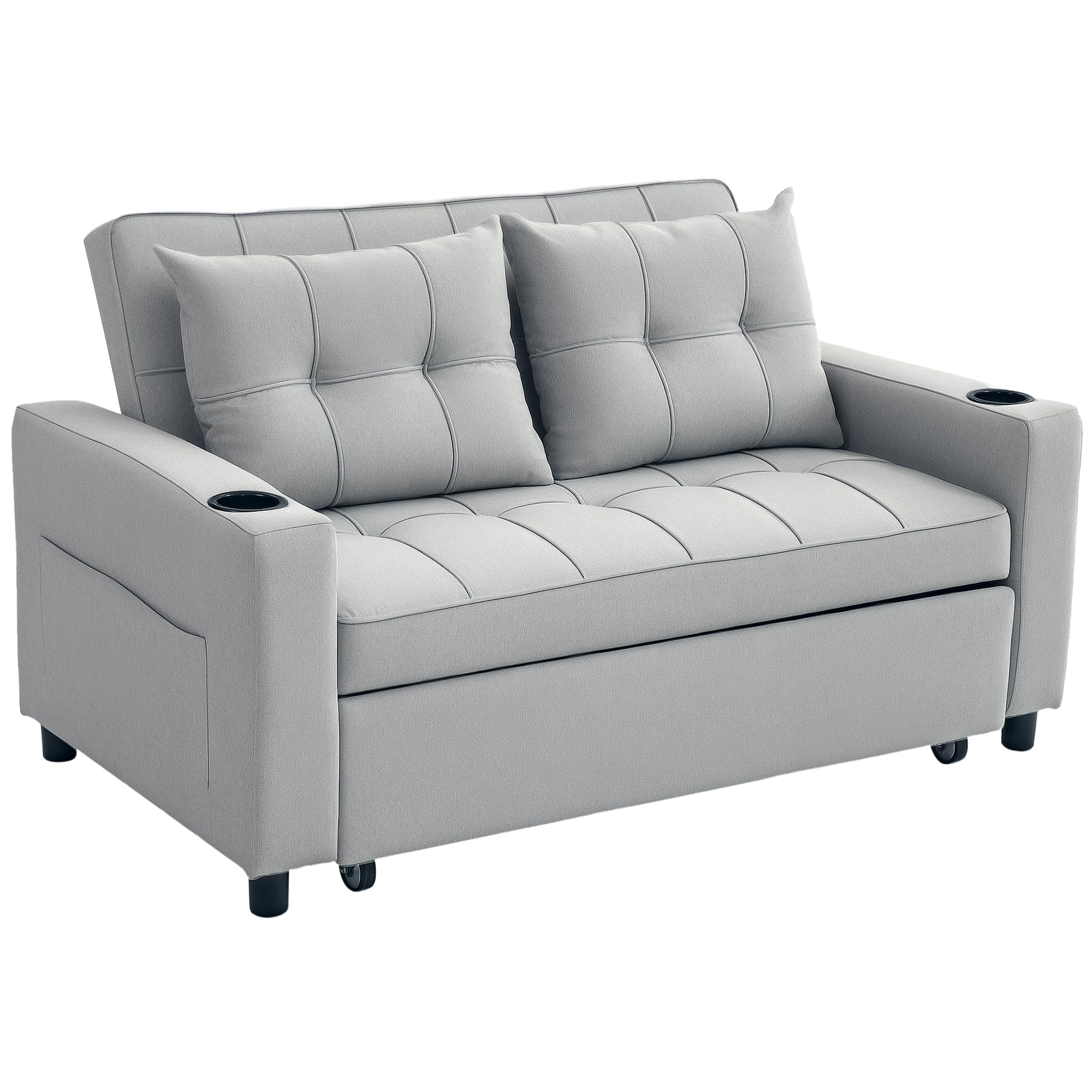 HOMCOM 2 Seater Sofa Bed, Convertible Pull Out Sofa Bed with Adjustable Backrest, Cup Holders and Pillows, Click Clack Settee for Living Room, Bedroom, Guest Room, Light Grey