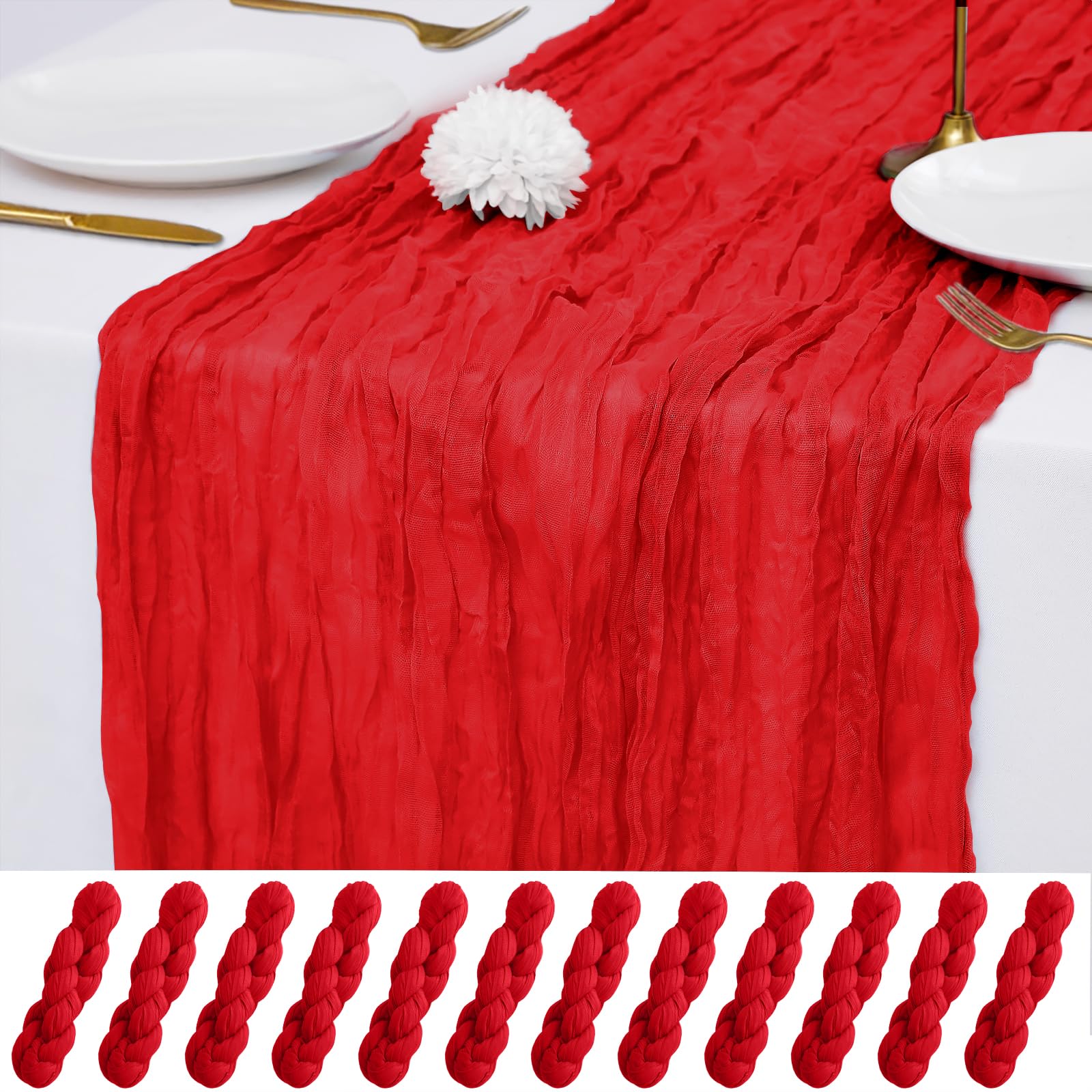 Photo 1 of 12 Pack Red Cheesecloth Table Runner 21x120 Inches, Boho Gauze Rustic Semi Sheer Cheese Cloth Table Runners for Easter Spring Wedding Bridal Baby Shower, Birthday Party, Long Farmhouse Table Decor