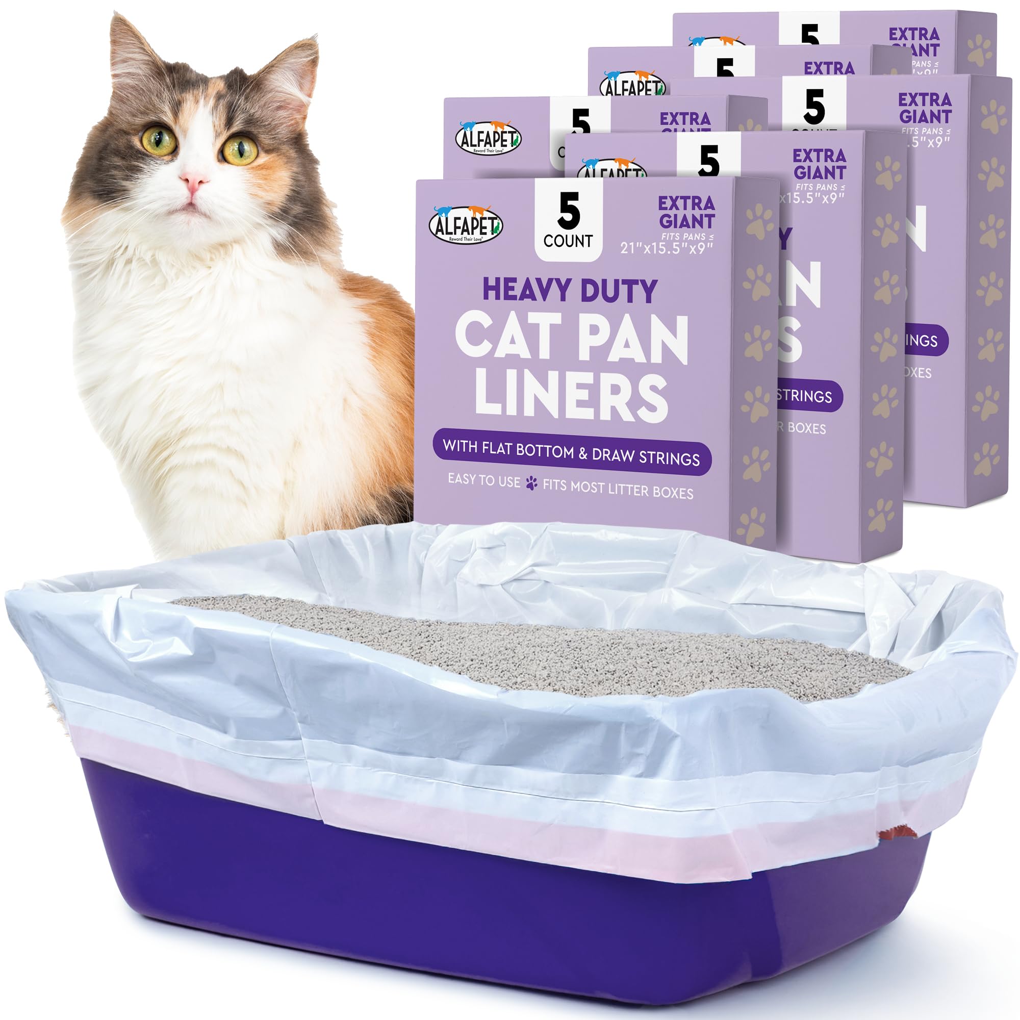 Alfapet Forros para caja de arena para gatos, extragrandes, 30 bolsas de plástico resistente de 2 mil de grosor, forro inteligente con cordón para una fácil eliminación, parte inferior plana para una