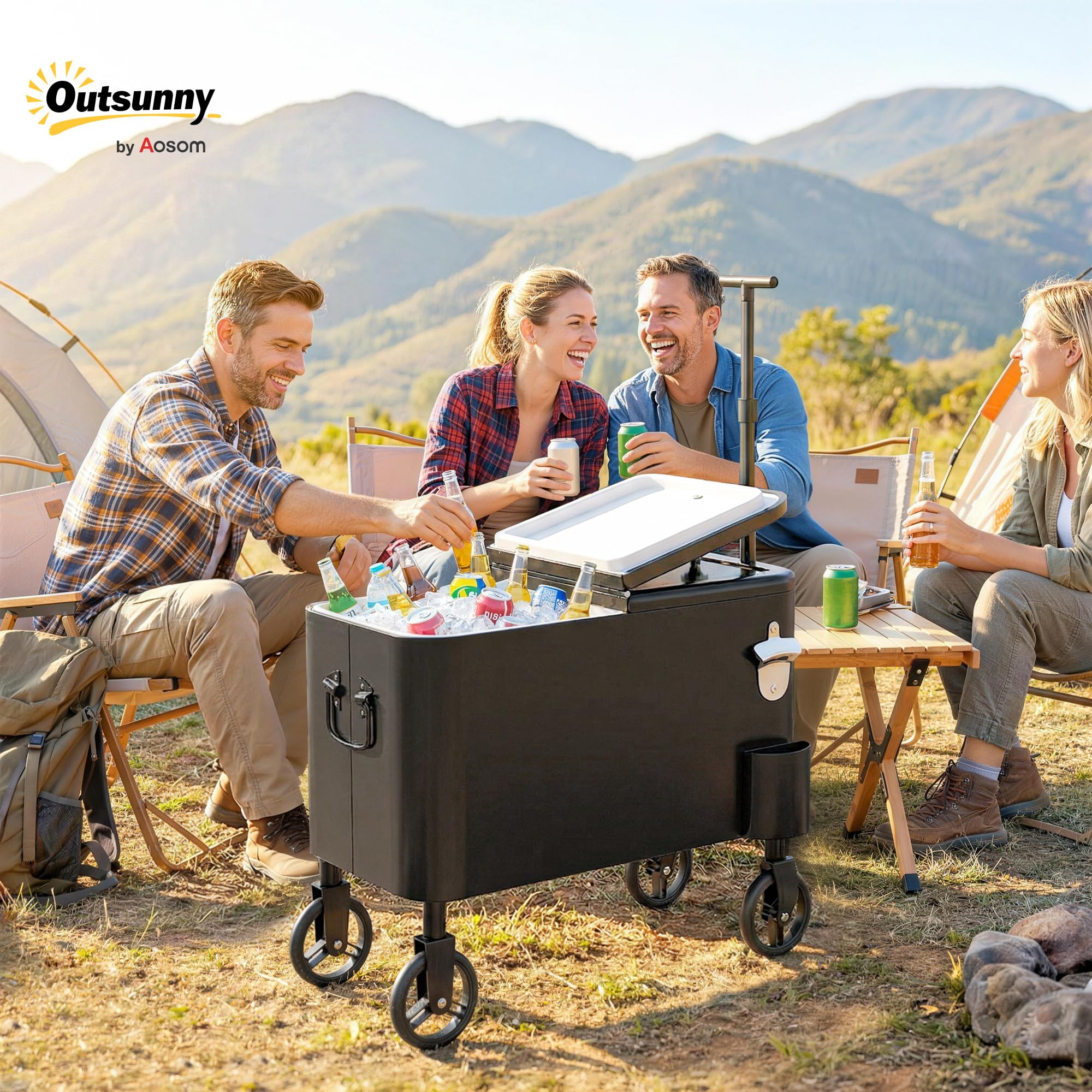 Outsunny Carrito Nevera de 56L con Ruedas, Carro de Bebidas con Mango Ajustable, Abrebotellas, Recogetapas, Drenaje y Asa, Mesa Nevera Jardín Exterior para Patio, Fiesta, BBQ, 75x35x120 cm, Negro