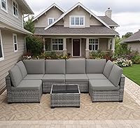 MOCHITO 7-Piece Grey PE Rattan Outdoor Sectional Sofa Set with Glass Table & Washable Cushions - All-Weather Patio Conversation Furniture