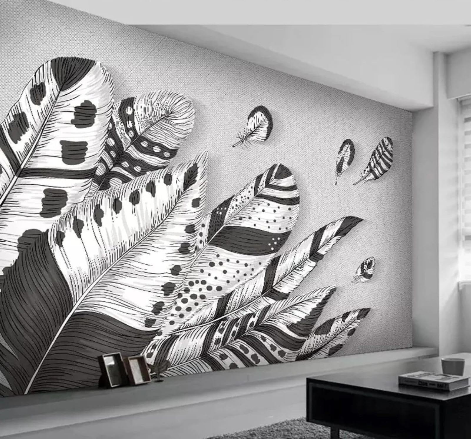 XLMING Abstract Vintage Black and White Feathers Art 3D Wallpaper Silky Texture Home Study Office Grey Dining Room Sofa Bedroom Living Room TV Backdrop-150cm×105cm