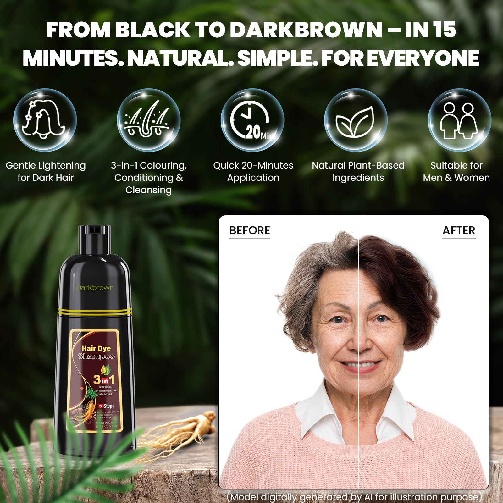 Instant Dark Brown Hair Color Shampoo for Gary Hair MEIDU, szampon do farbowania włosów dla kobiet i mężczyzn, 3 w 1 – 100% Grey Coverage – składniki ziołowe szampon do farbowania włosów w
