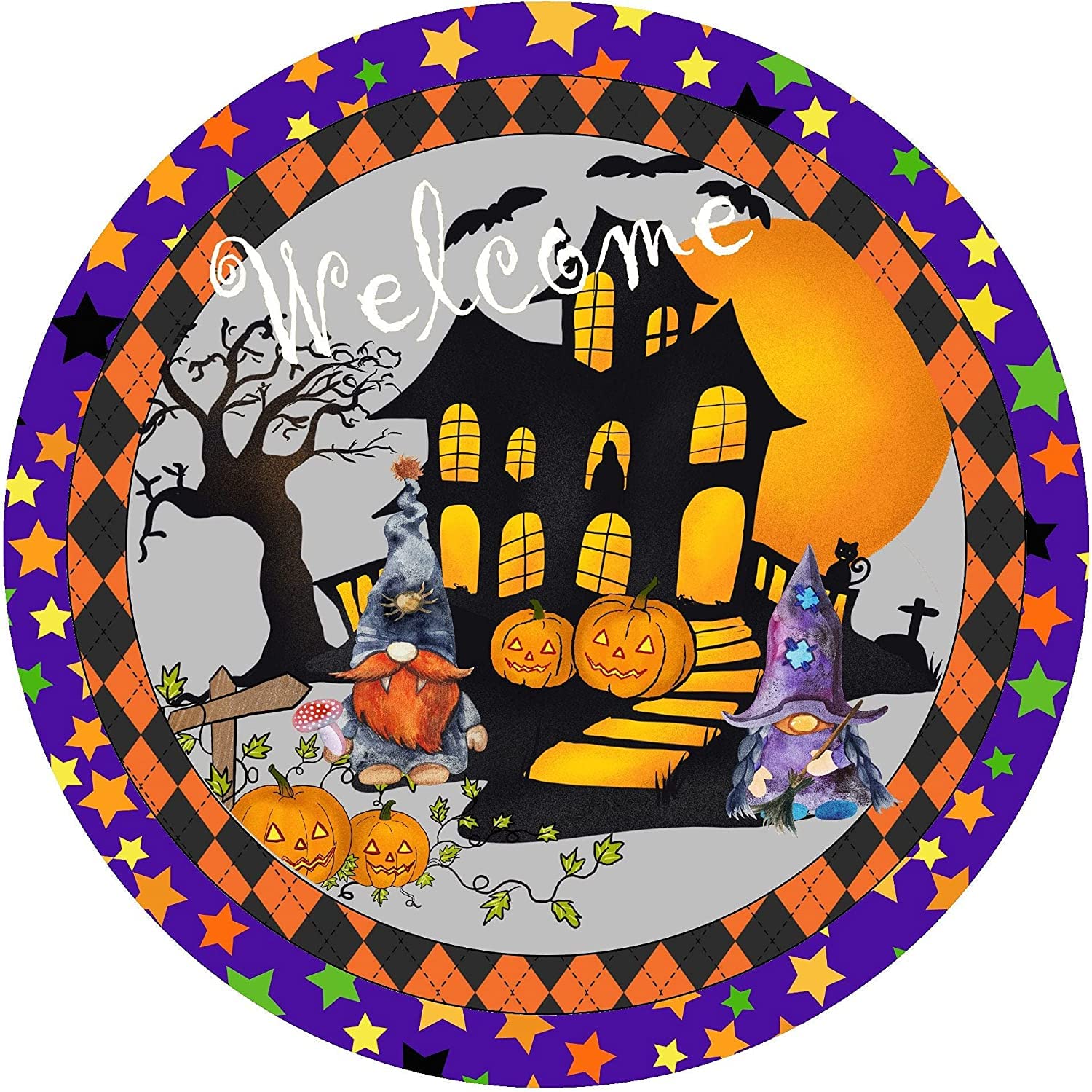 Round Metal Tin Sign, Halloween Wreath Sign, Welcome Wreath Sign, Metal Wall Panel Decorative Couple Gift Outdoor Indoor Wall Panel Retro Vintage Mural 12x12inch