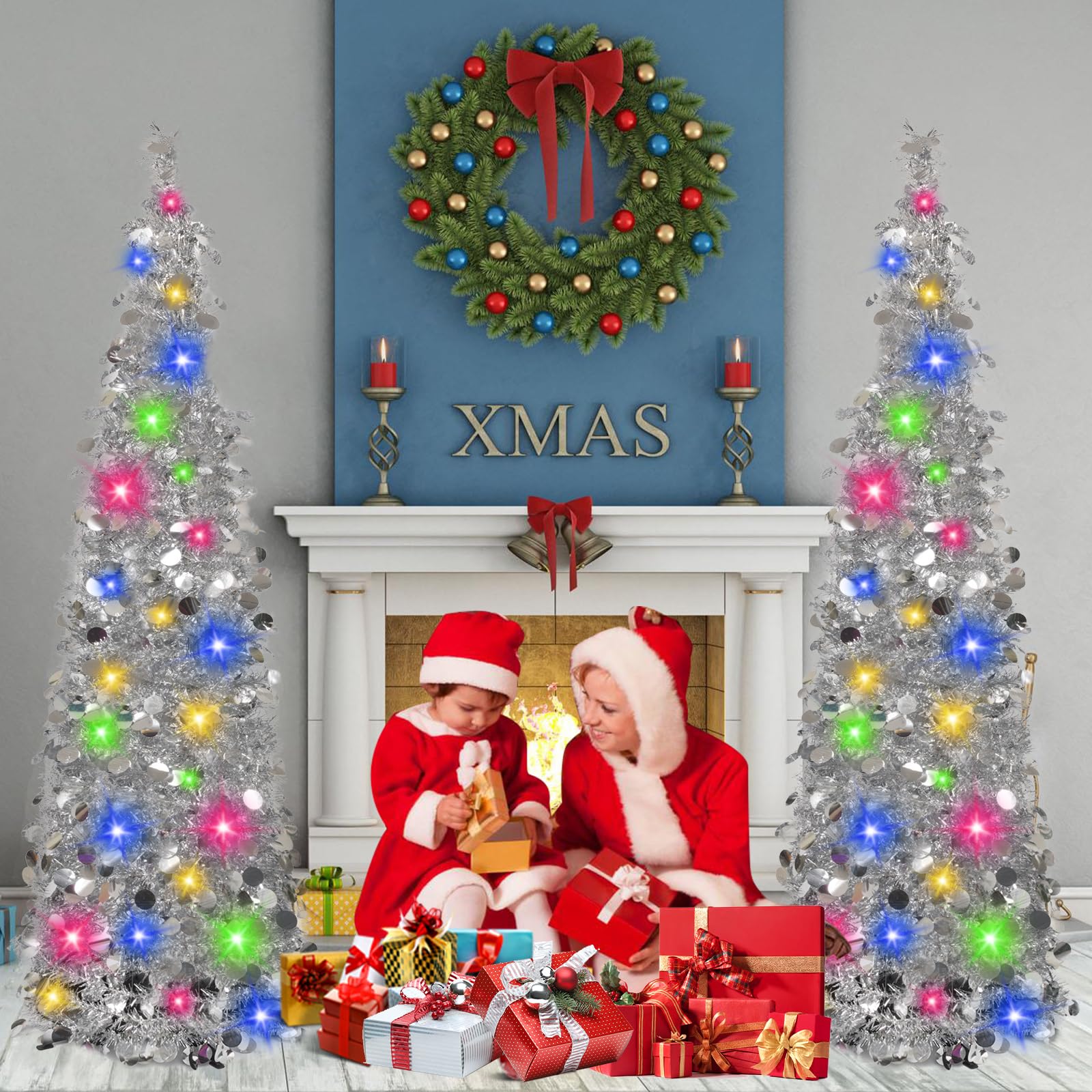 MACTING 5ft Pop up Christmas Tinsel Tree with Lights, Easy-Assembly Coastal Glittery Pencil Tree for Home Holiday Party Winter Xmas Decorations (Silver)