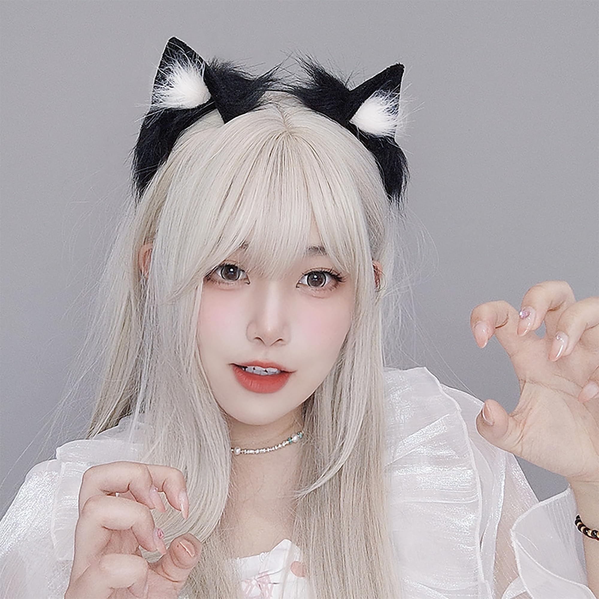 ZFKJERS Handmade Furry Cat Ear Headband Cute Kitten Cosplay Hair Accessory for Halloween (White Black)