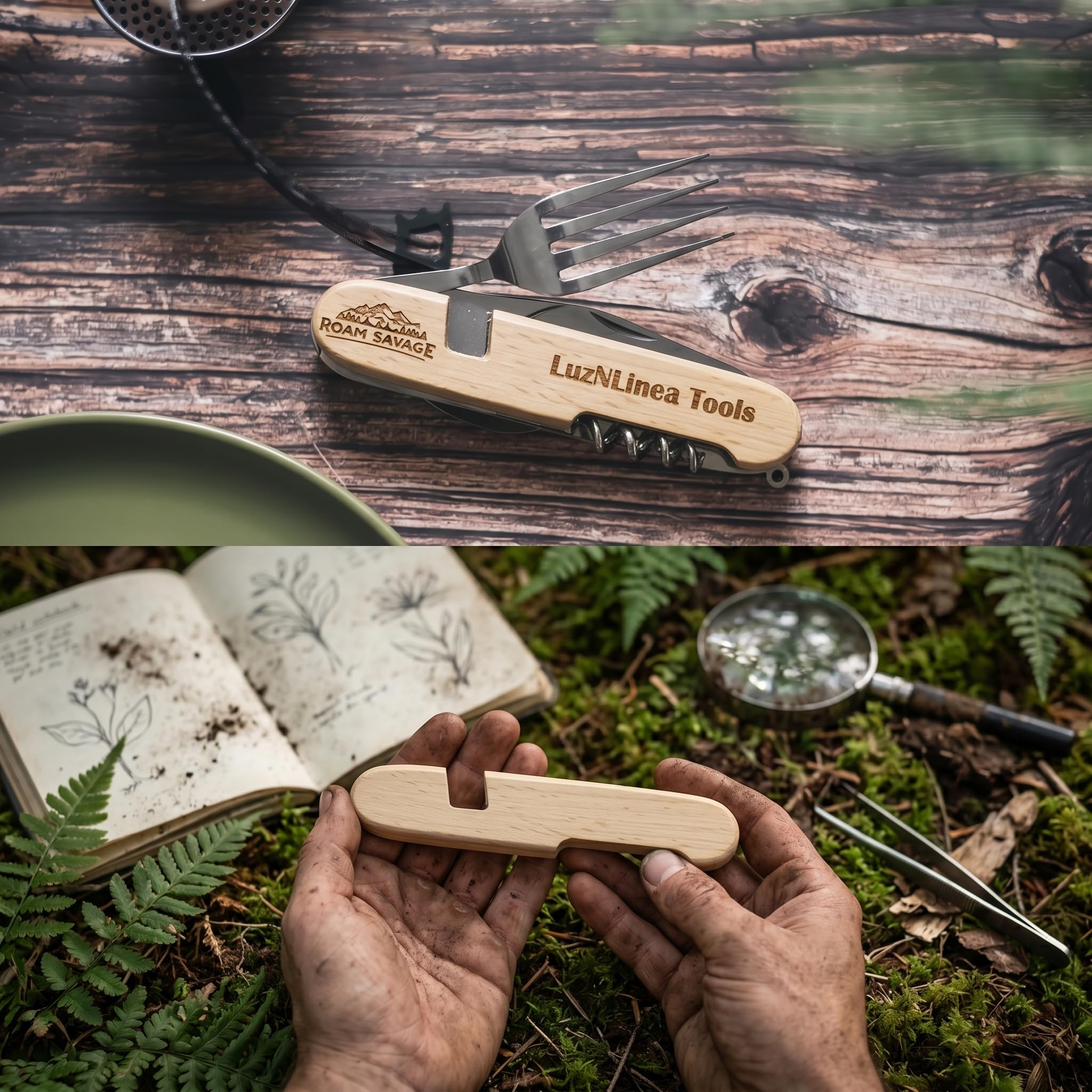 Roam Savage Outil Multifonction Camping en Acier Inoxydable, Couverts Pliables avec Couteau, Tire-Bouchon et Ouvre-Boîte, Kit Portable pour Randonnée, Backpacking et Outdoor