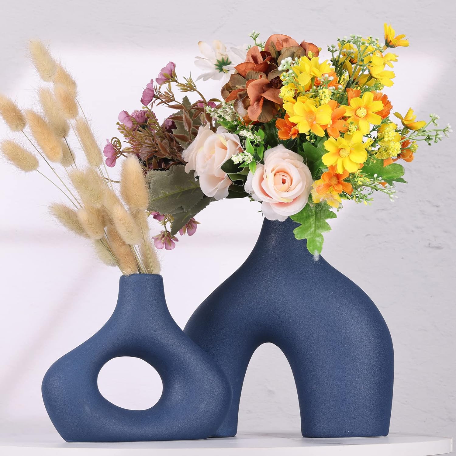 Blue Ceramic Vase Set of 2 Modern Home Decor Vases for