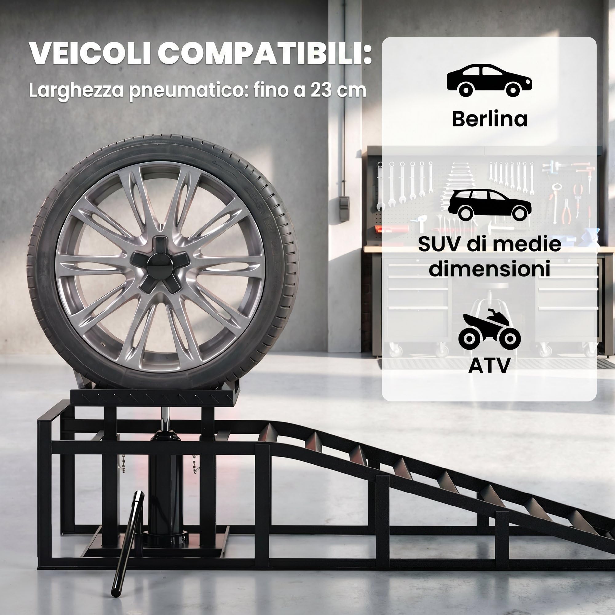 HOMCOM Set 2 Rampe Sollevamento Auto Portata 3 T Altezza 23-32.5 cm Nero | Rampe per Auto, Altezza Regolabile, Pneumatici fino a 23 cm, Sollevatori per Cambio Olio, Garage e Officina
