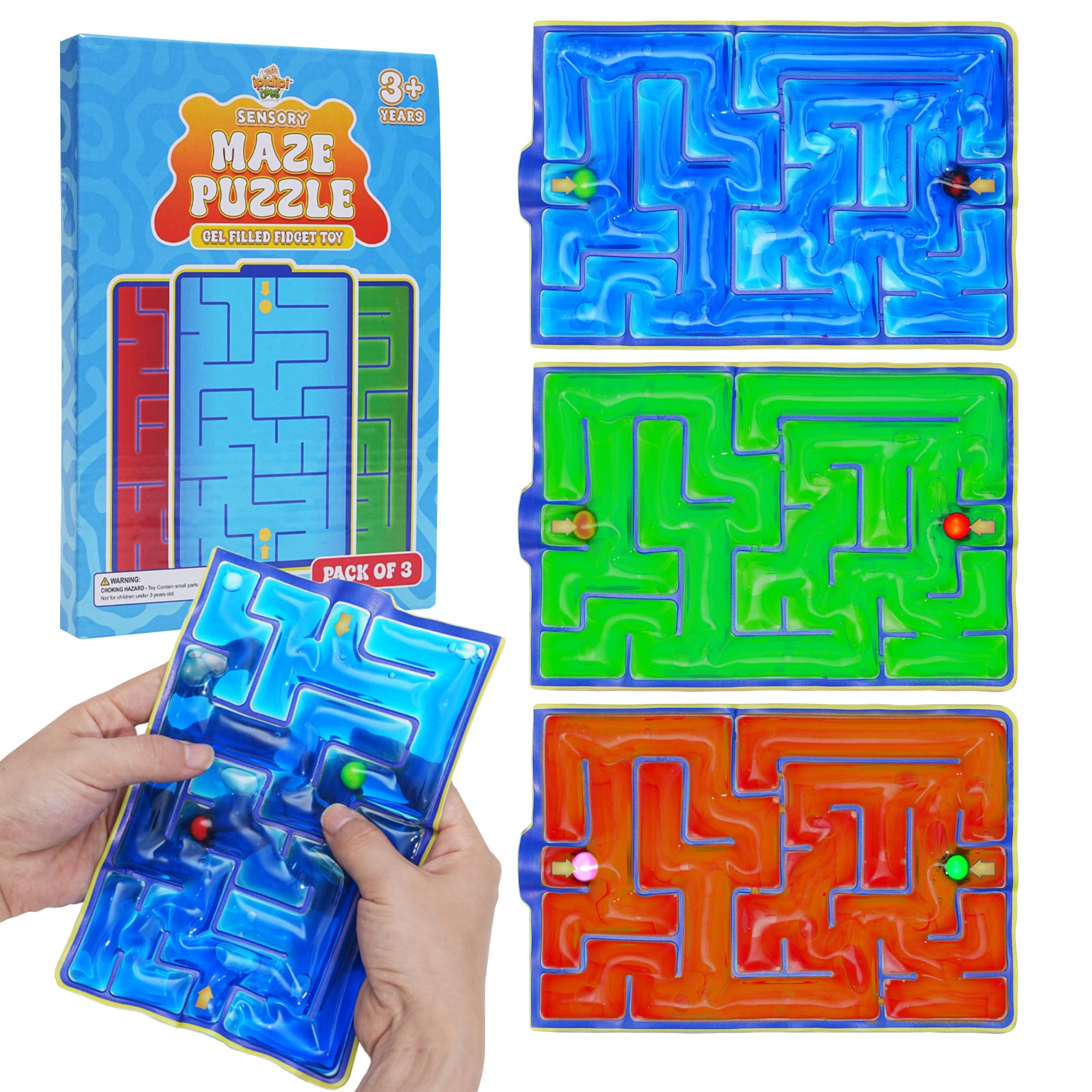IPIDIPI TOYS Gel-Filled Maze Puzzle - Quiet Sensory Squishy Fidget Toy for All Ages, Tactile Gel Pads, Classroom Rewards, Stocking Stuffers, Party Favors, and Gifts - Pack of 3
