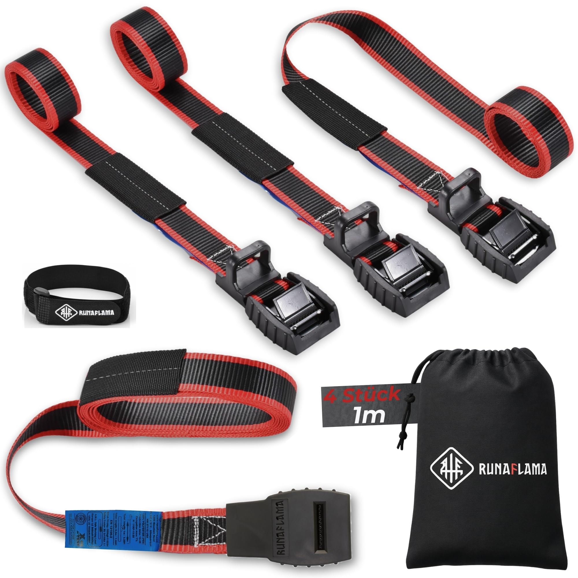 Motorrad Spanngurte 4er Set [500 kg Bruchlast & EN 12195-2 geprüft] – Zurrgurte 1 m mit Gummischutz & Scheuerschutz – Spanngurt Set inkl. Tasche & Klettband (Für Transport & Dachträger) - 1