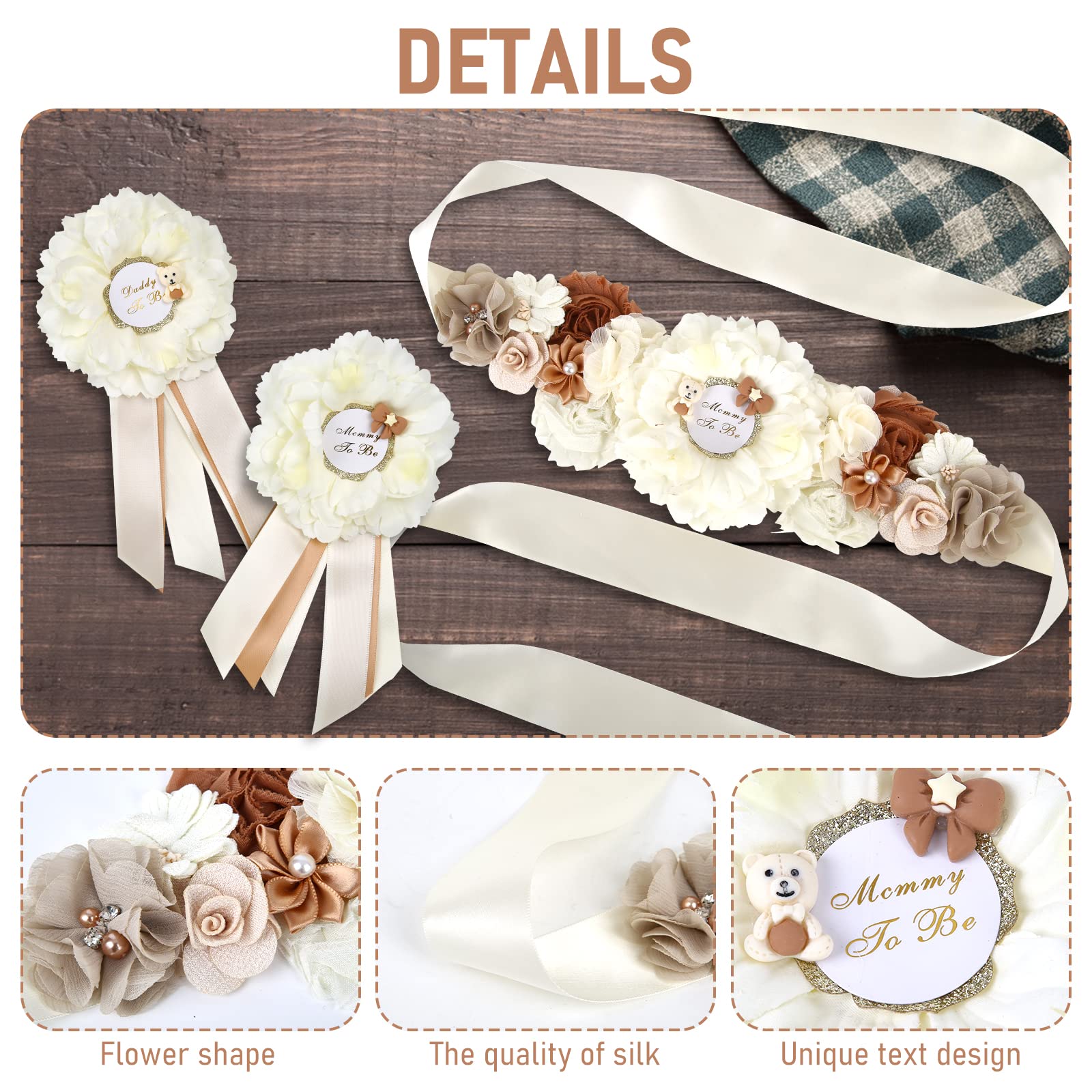 DaperCanly Teddy Maternity Sash Mom to Be Daddy to Be, Bear Theme Baby Shower Decorations for Gender Reveal Party - Mommy to be sash Shower, White Teddy Photo Props New Parents Keepsake