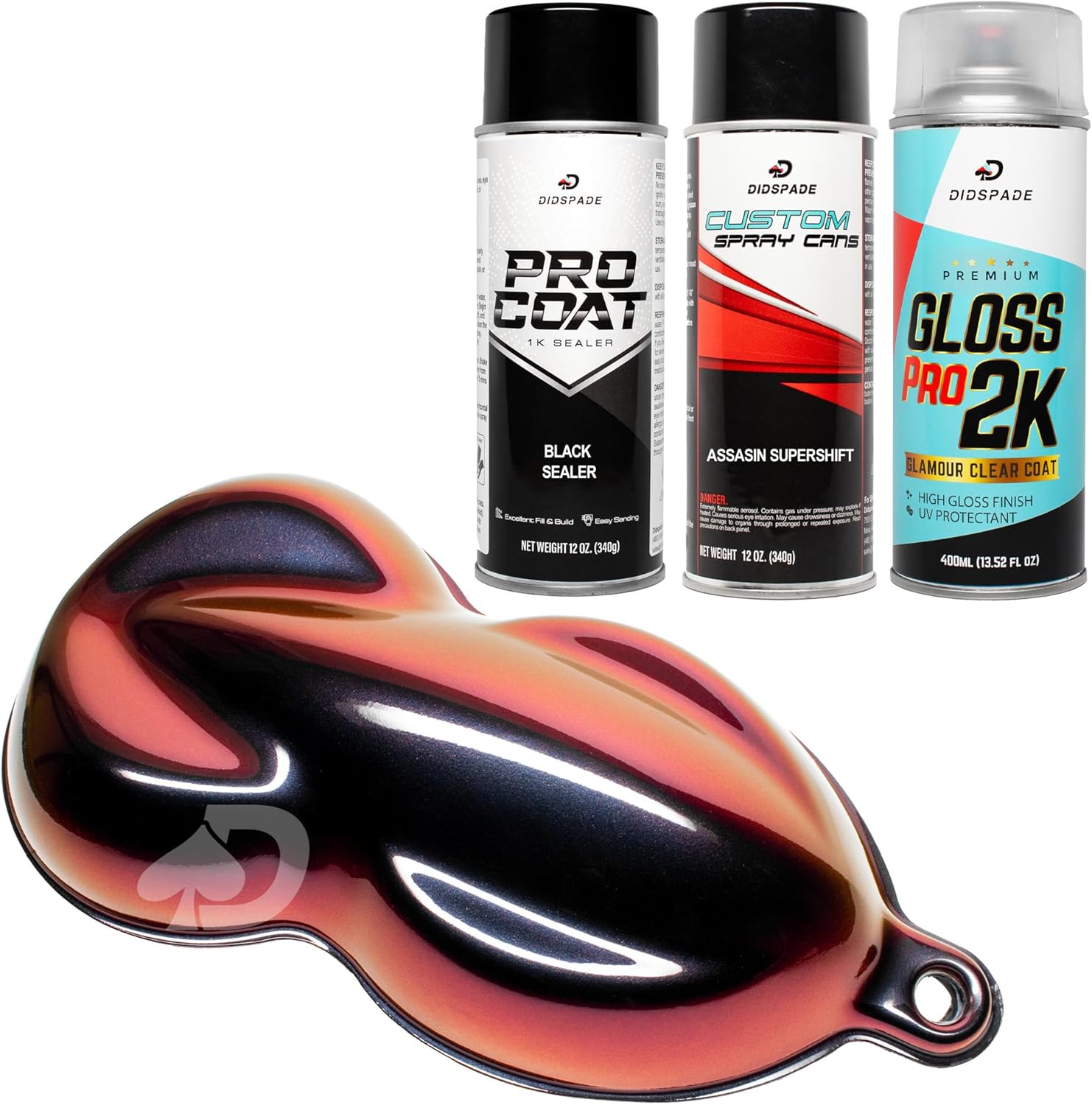 Chameleon Spray Paint Kit | SuperShift Effects Includes Sealer, SS Aerosol Color Shift Spray Paint, and Gloss Clear for Cars, Bikes, Wheels. (ASSASIN BLACK KIT - Black, Purple, Red, Orange, Gold)