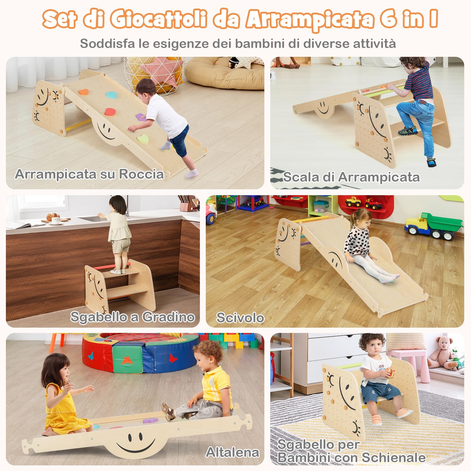 COSTWAY 6 in1 Set Arrampicata per Bambini, Giocattoli da Arrampicata in Legno con Rampe Reversibili, Altalena, Sgabello Regolabile in Altezza, Scala da Arrampicata per Bambini 3+ Anni