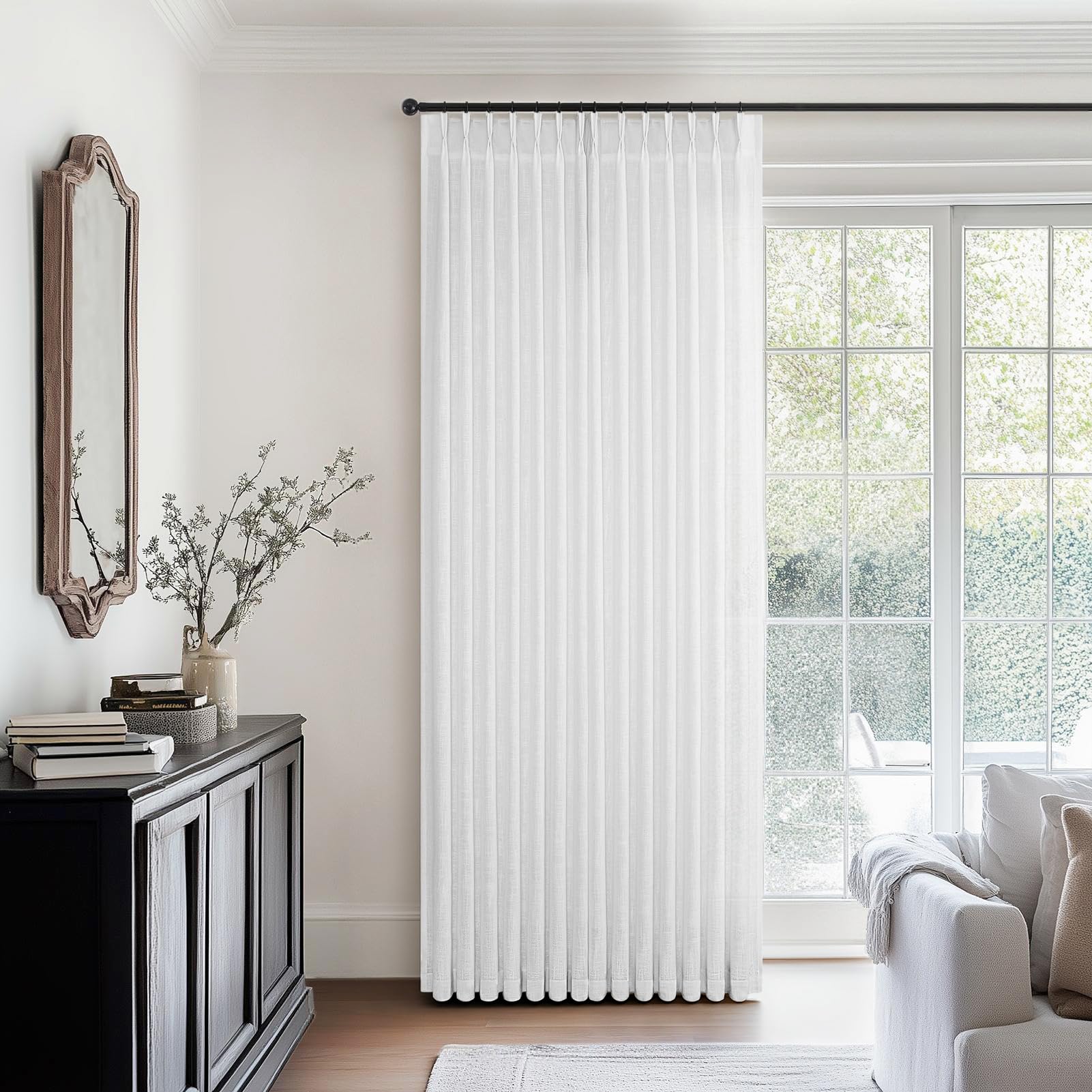 Photo 1 of 108 Inch Linen Pleated Curtains 2 Panels Set for Bedroom Modern Minimalist Window Panels for Living Room Back Tab Memory Trained Pinch Pleat Drapes Aesthetic Bright White Airy for Dining Room Beige