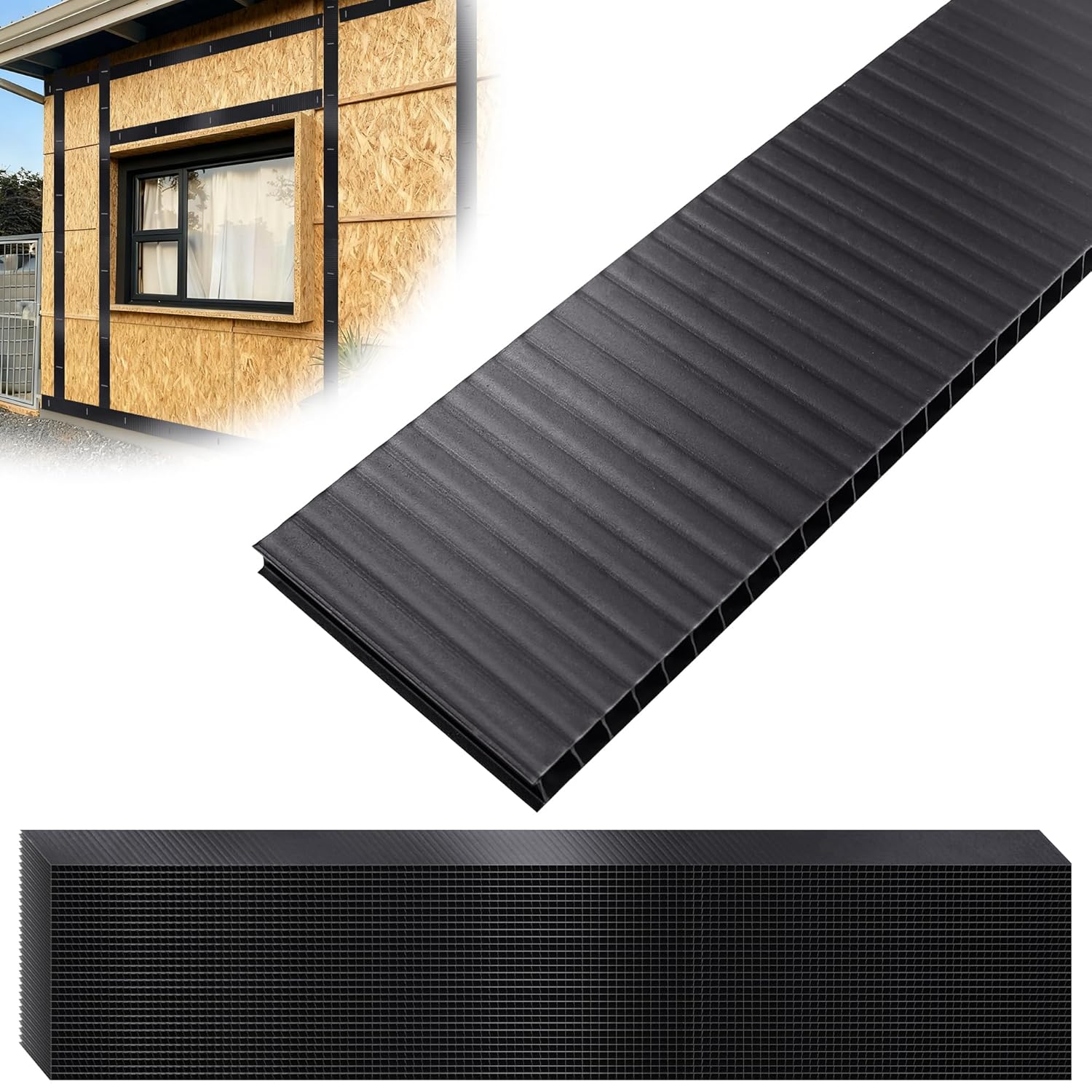 30PCS Rainscreen Siding Vent Rainscreen Furring Strips, 39.5" L X 3" W X 7/16" Thick, Polypropylene Drainable Rainscreen Batten Strip for Ventilation and Drainage, Black
