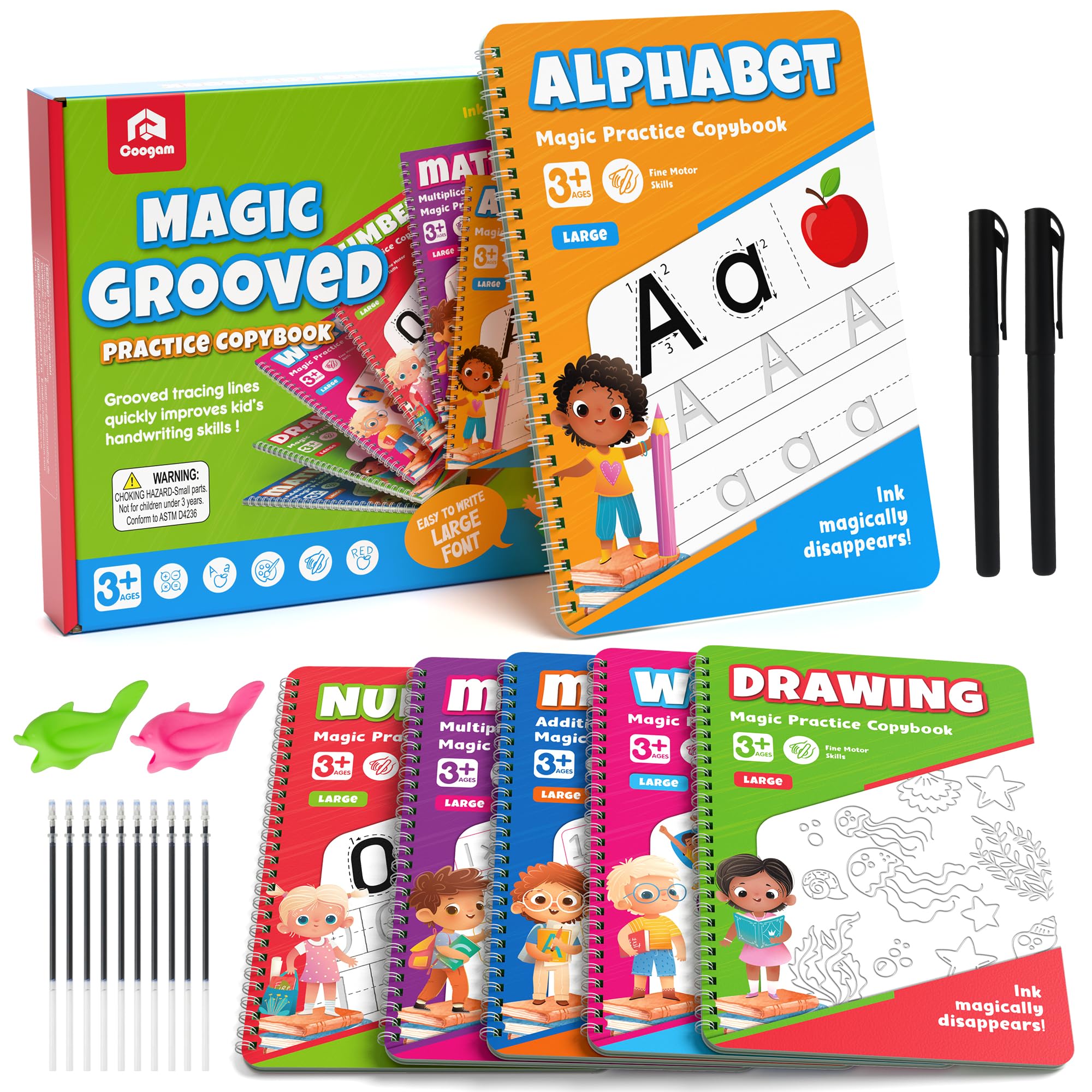 Photo 1 of Coogam 6Pcs Magic Grooved Writing Practice for Kids, Grooved Handwriting Copybook with Pens, Learn to Write Number Letter Tracing Workbook for Kids Age 3-8 Preschool Learning Activities