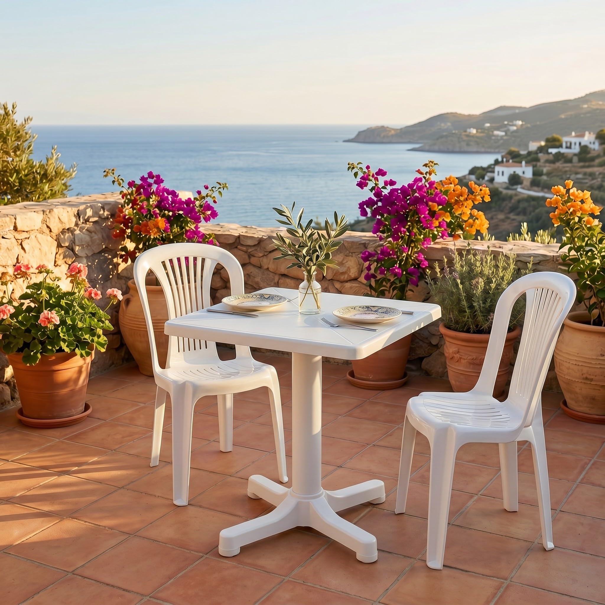 Mesa de Jardín Cuadrada de Resina Auxiliar Exterior, Blanco | Desmontable, 60x60x72cm, Portátil, Fabricada en España, Camping, Terraza, Acampada, Playa