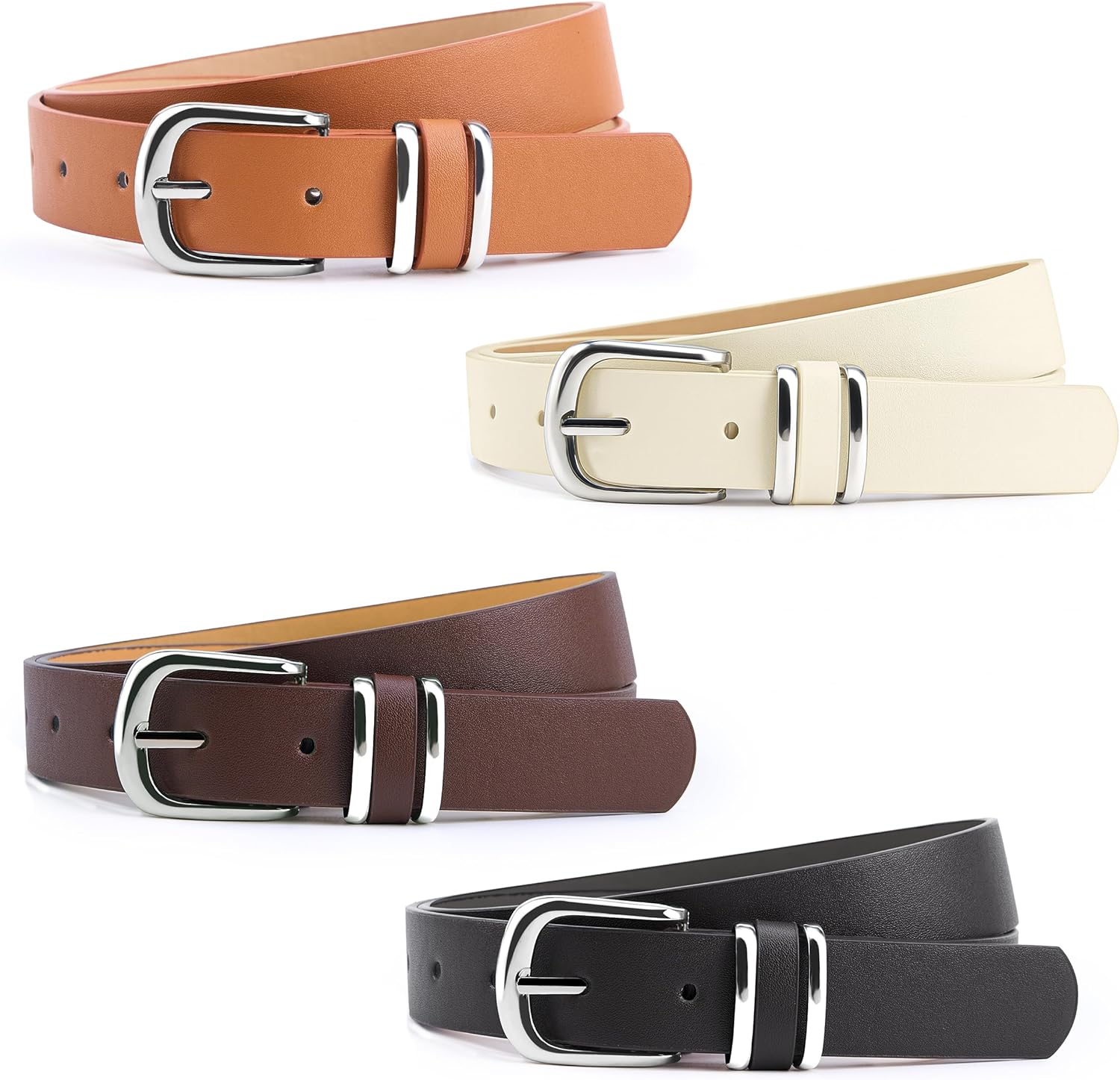 Womens Leather Belt, 4 Pcs Ladies Belts for Jeans with Zinc Alloy Buckle and 10 Adjustable Holes, Fits Waist 25-35 Inches
