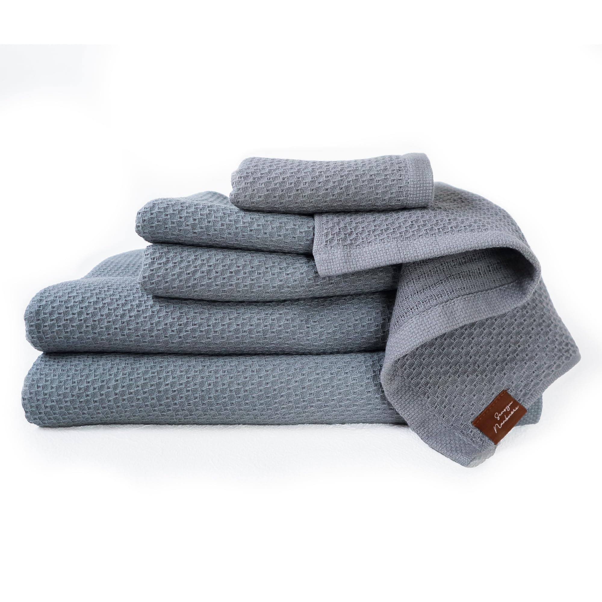 ????? Soft Honeycomb Design Weave Towel – 100% Cotton, Absorbent, Quick-Drying, Osaka-Made, Two-Layer Structure with Coarse-Gauze Back Set of 6 (Gray)