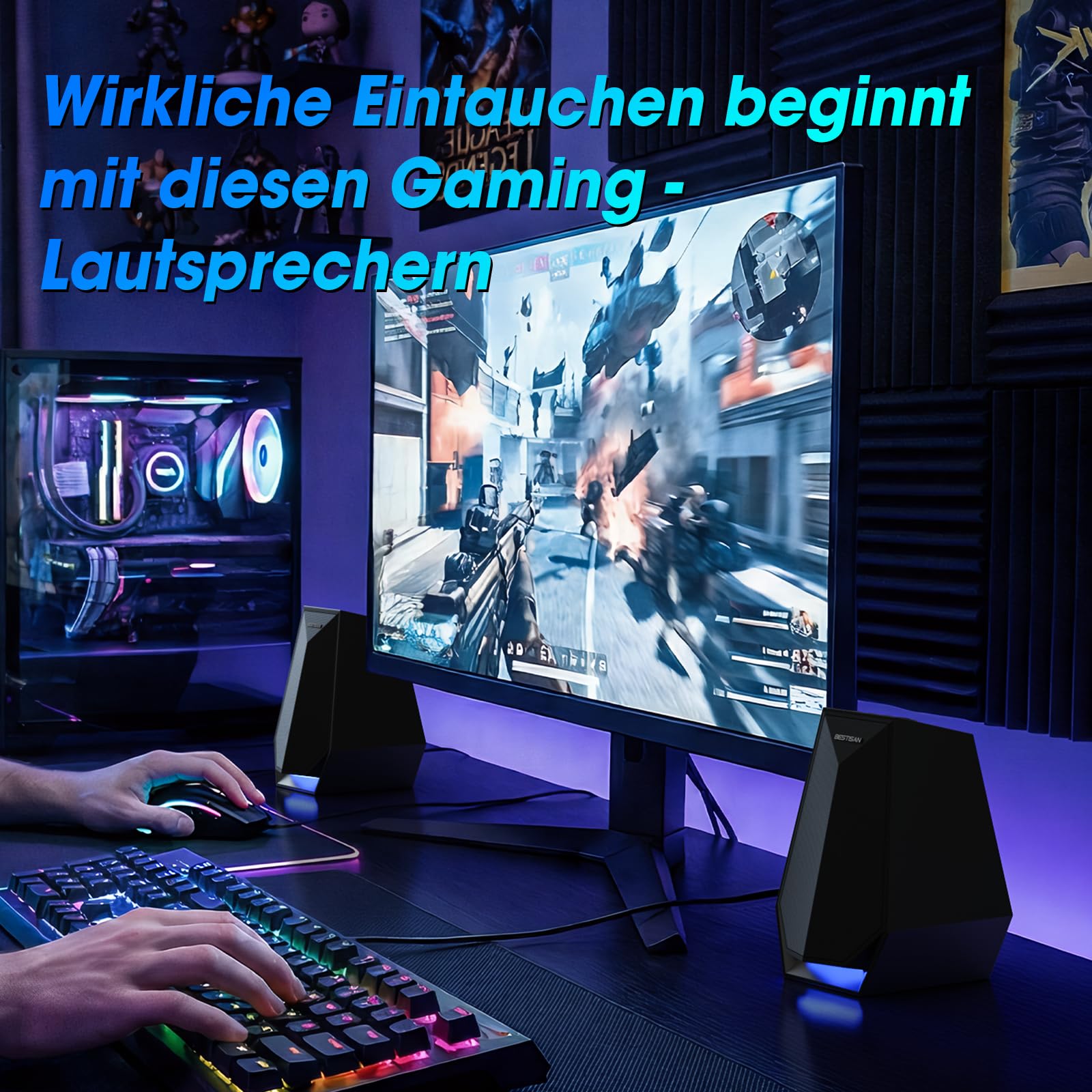 BESTISAN PC-Lautsprecher für Desktop, Bluetooth-Computer-Lautsprecher für Gaming, Monitor, Laptop, 3,5-mm-Aux-/Typ-C-Eingang, Netzbetrieb, Bunte LED-Beleuchtung