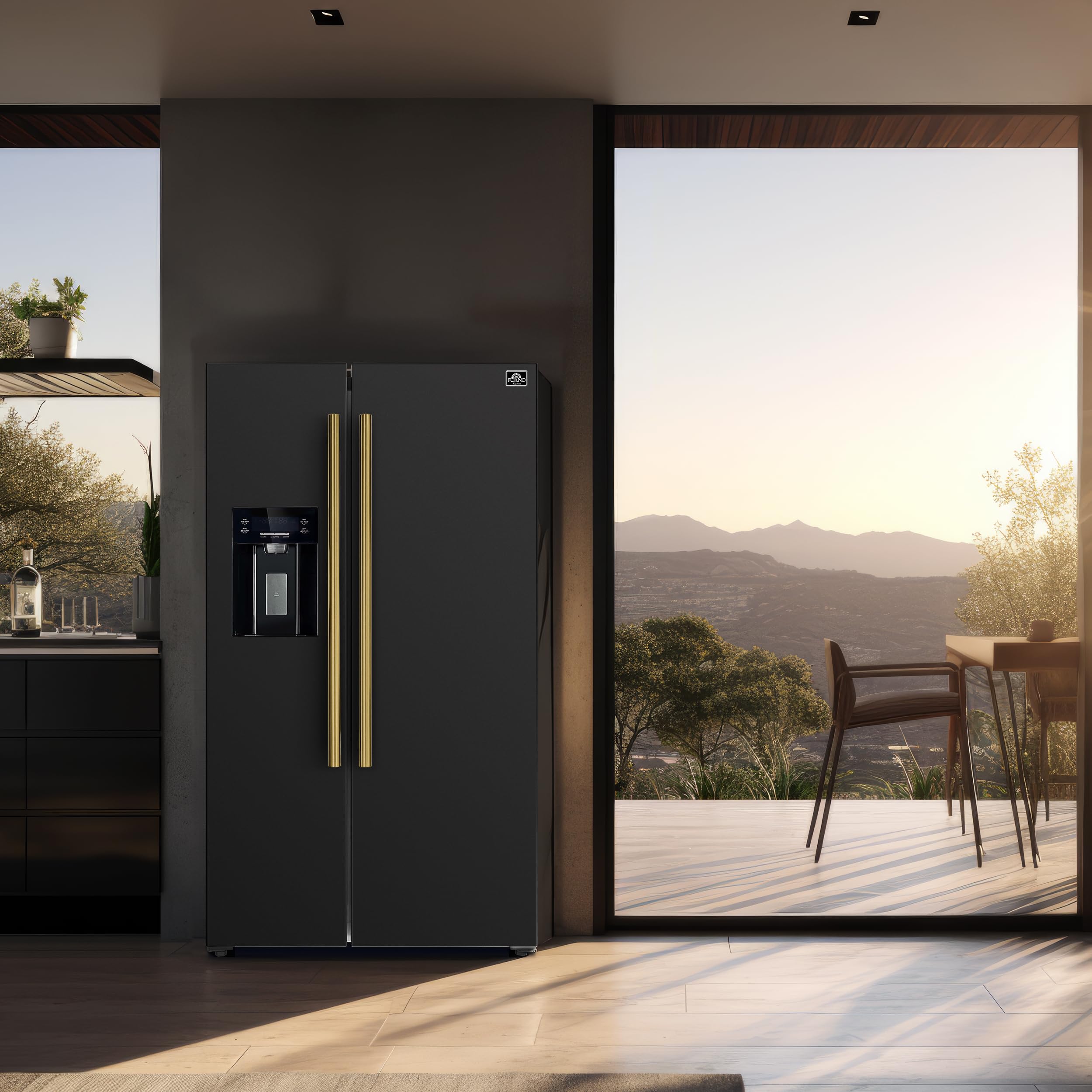 Forno Salerno 36" Side by Side 20 Cu.Ft Free Standing Black Fridge - Stainless Steel Refrigerator with Ice Maker & Decorative Grill - Touch Control Kitchen Fridge with Child Lock and Vacation mode on Fridge.com