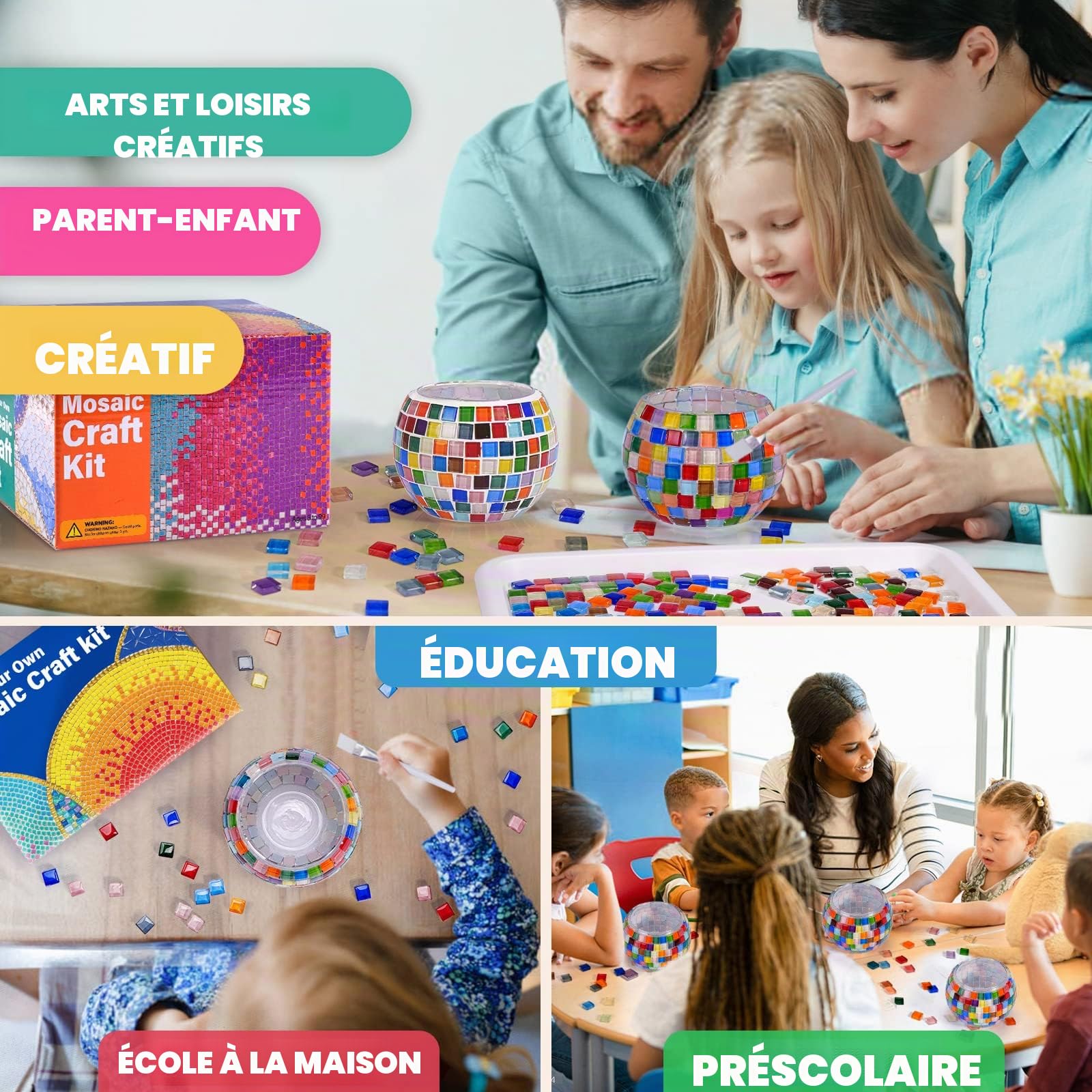 ONE TO FOUR Kit créatif de porte-bougie en mosaïque de verre, loisirs créatifs pour enfants et adultes, bougeoir DIY pour décoration de la maison, kit créatif enfant, cadeau fille 7, 8, 9, 10 ans