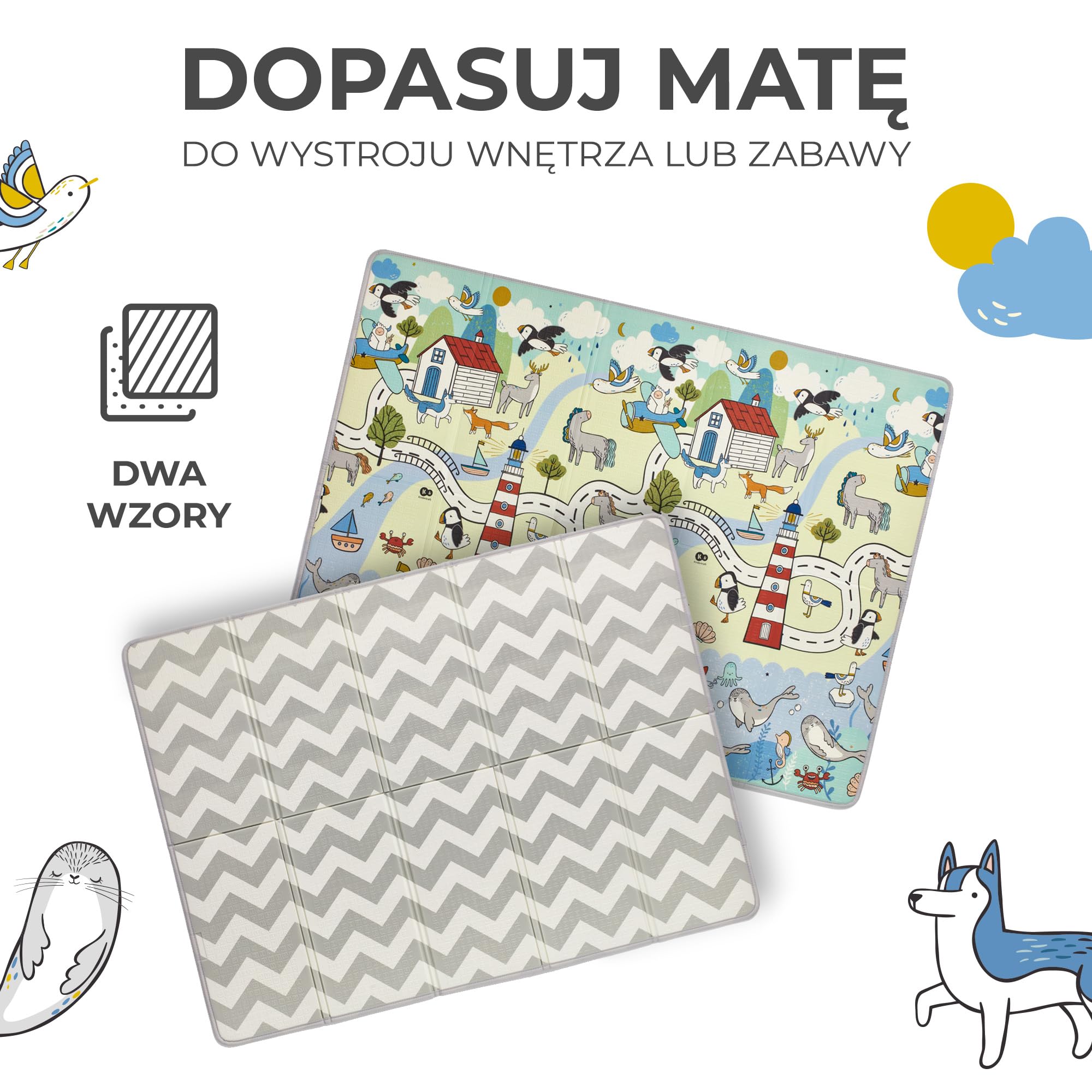 Kinderkraft MATTY2 Mata edukacyjna dla dzieci od urodzenia, Uniwersalna - 2 wzory, Świetna izolacja od podłoża, Bezpieczne materiały, Łatwe czyszczenie, Składana z torbą w zestawie