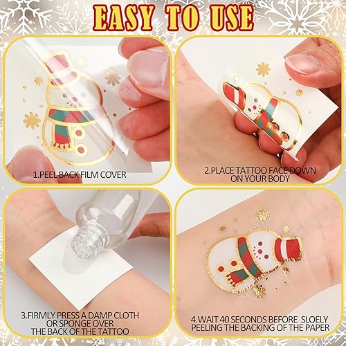 Miniatura 6 de Sinmoe 120 tatuajes de Navidad retro con purpurina, 12 diseños temporales, calcomanías de Papá Noel, muñeco de nieve, árbol de Navidad, reno,