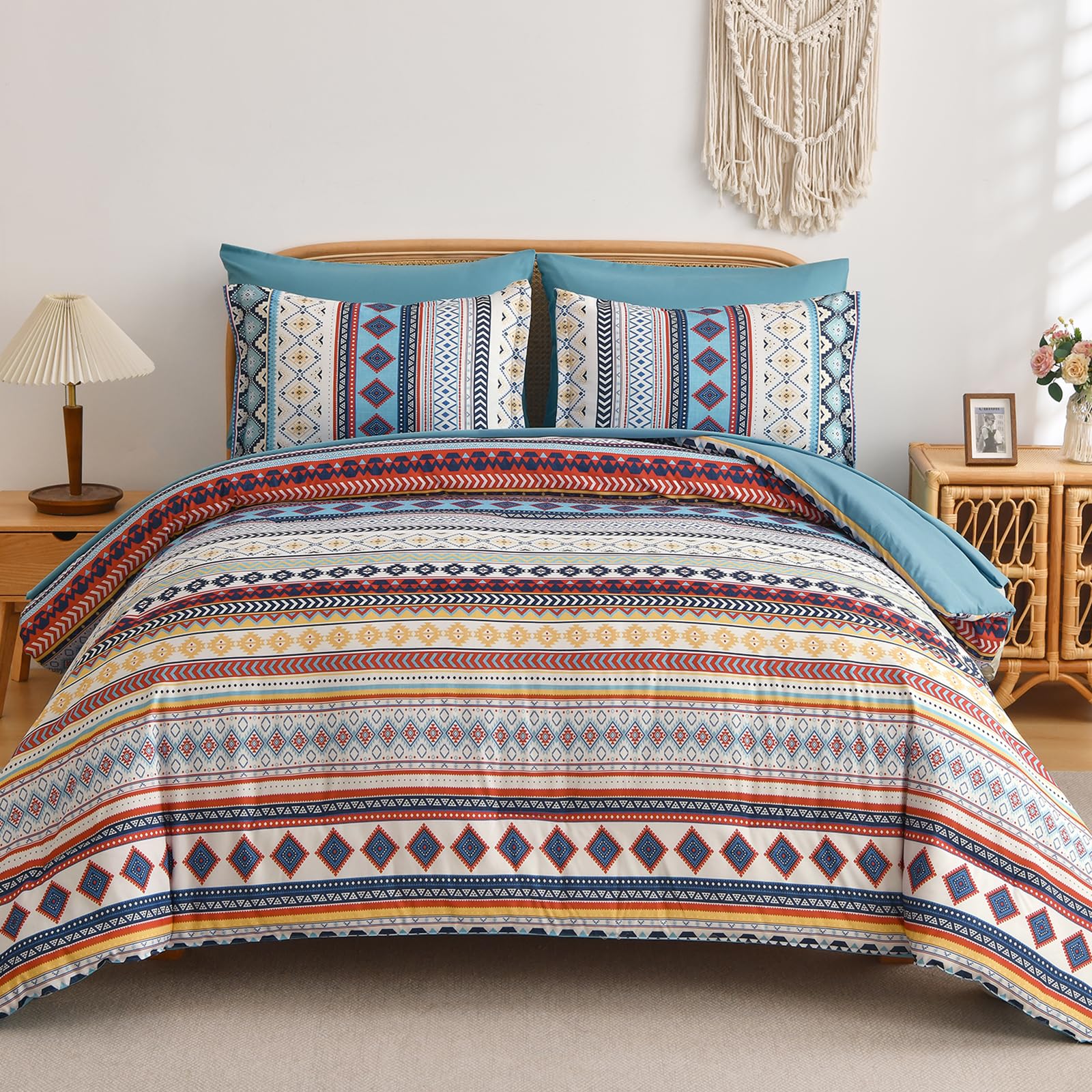 Mybedsoul Blue Red Boho Style Striped Comforter Set 7 Pieces, King Size Aztec Bed in a Bag, All-Season Bedding Set with Sheets &amp; Pillow Shams, Bohemian Geometric Pattern