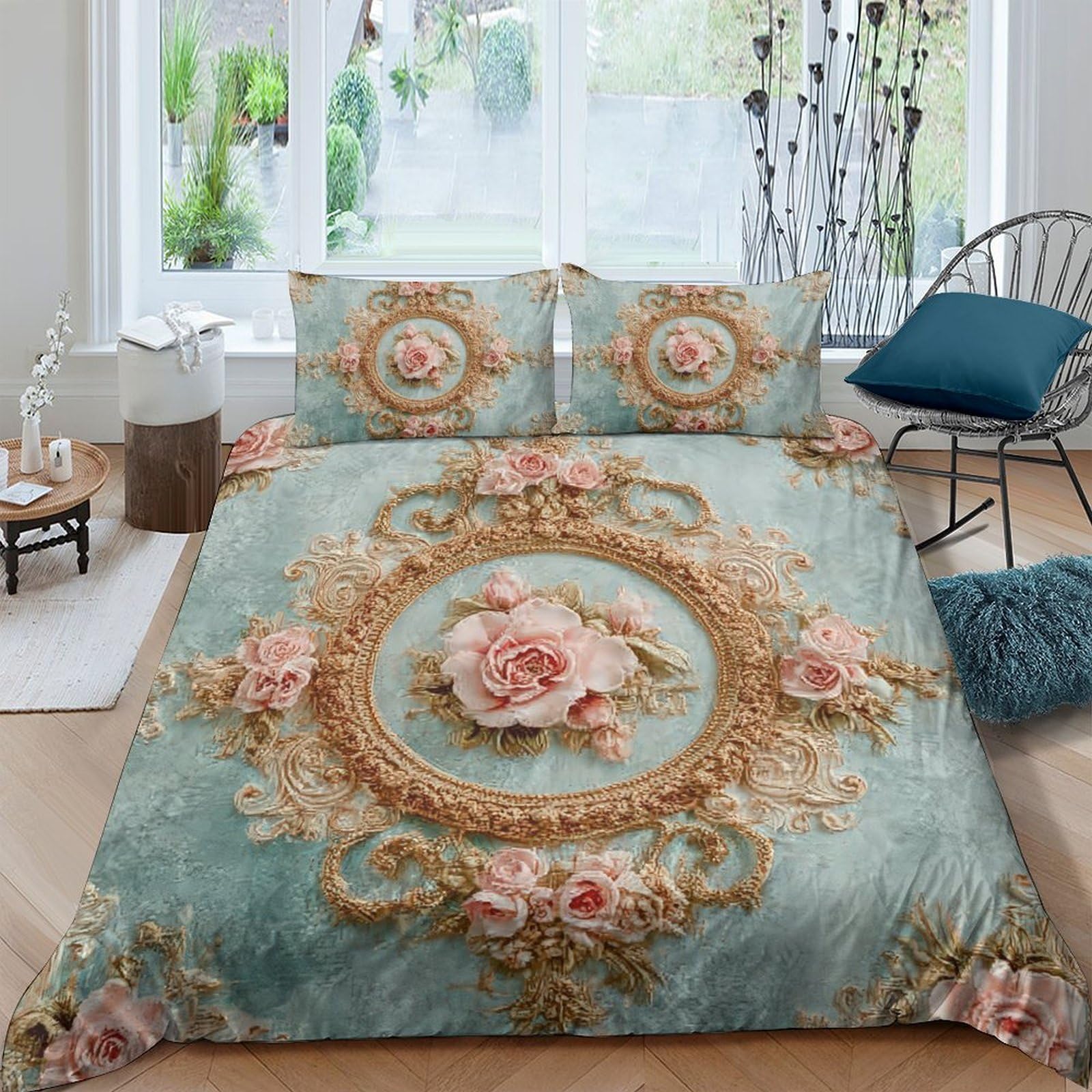 Ctjqhvkz Style-2 3D Printed Vintage Floral Fitted Sheet Microfiber Soft Breathable Baroque Rose Bed Cover For Bedroom Guestroom Decor Single（135X200cm）