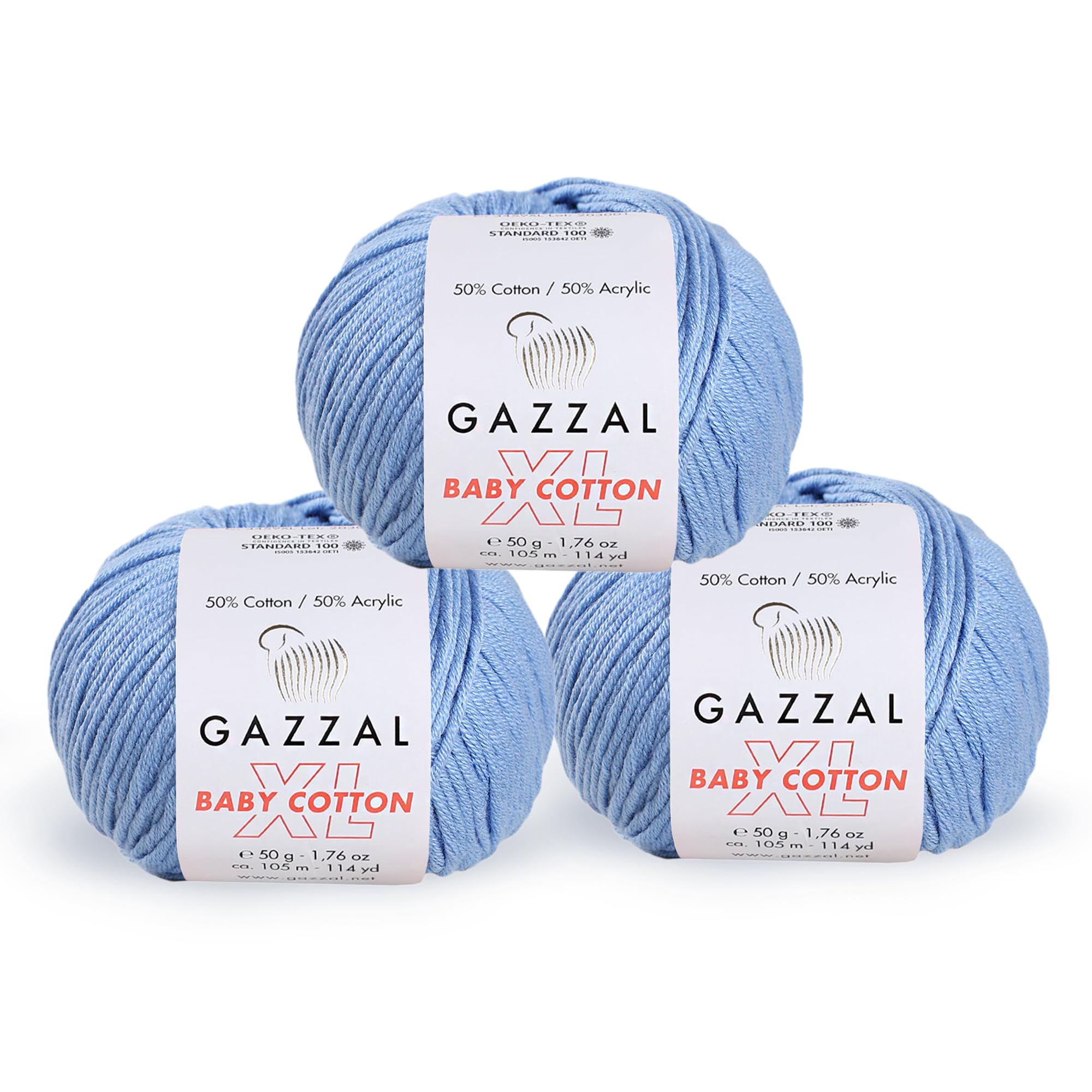 3 Pack (Ball) Gazzal Baby Cotton XL Total 5.28 Oz / 344 Yrds, Each Ball 1.76 Oz (50g) / 246 Yrds (225m) Super Soft, DK- Worsted Baby Yarn, 50% Turkish Cotton, Blue - 3423
