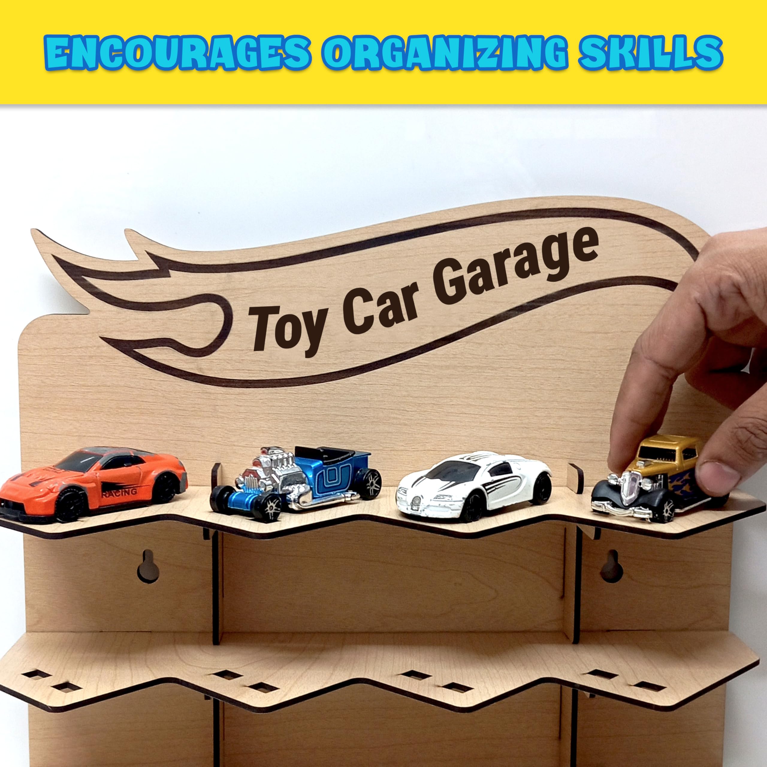 Toy Car Garage Wall Rack for Kids | Parking Garage for Hot Wheels Cars | Holds 20 Cars | Wooden/MDF Toy Garage Wall Hanging | Kids Room Toy Parking (Carss Not Included) (Pack of 2) 4