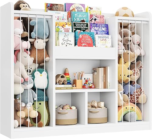 ONBRILL Dos almacenamiento de madera para animales de peluche, organizador de almacenamiento de juguetes para niños pequeños con estantería de 4