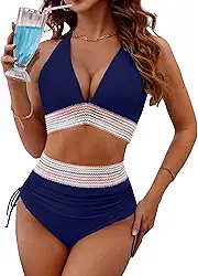 Conjunto de biquíni feminino de cintura alta, com controle de barriga, sexy, gola V, roupa de banho de duas peças 2024