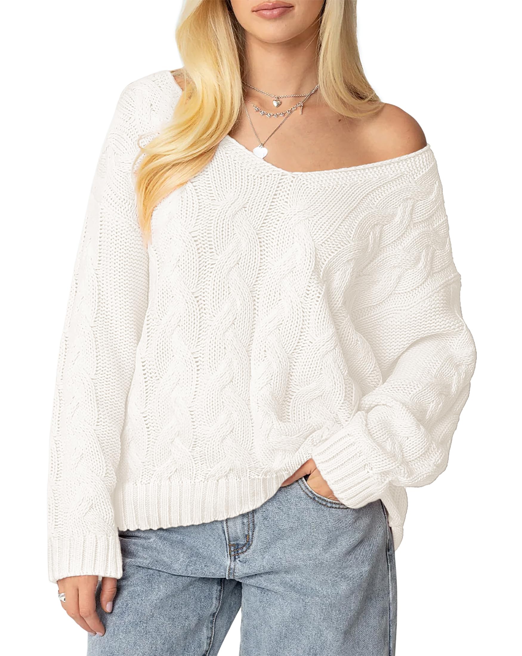 IWD Womens Oversized Sweaters Cable Knit V Neck Long Sleeve Pullover Sweater 2025
