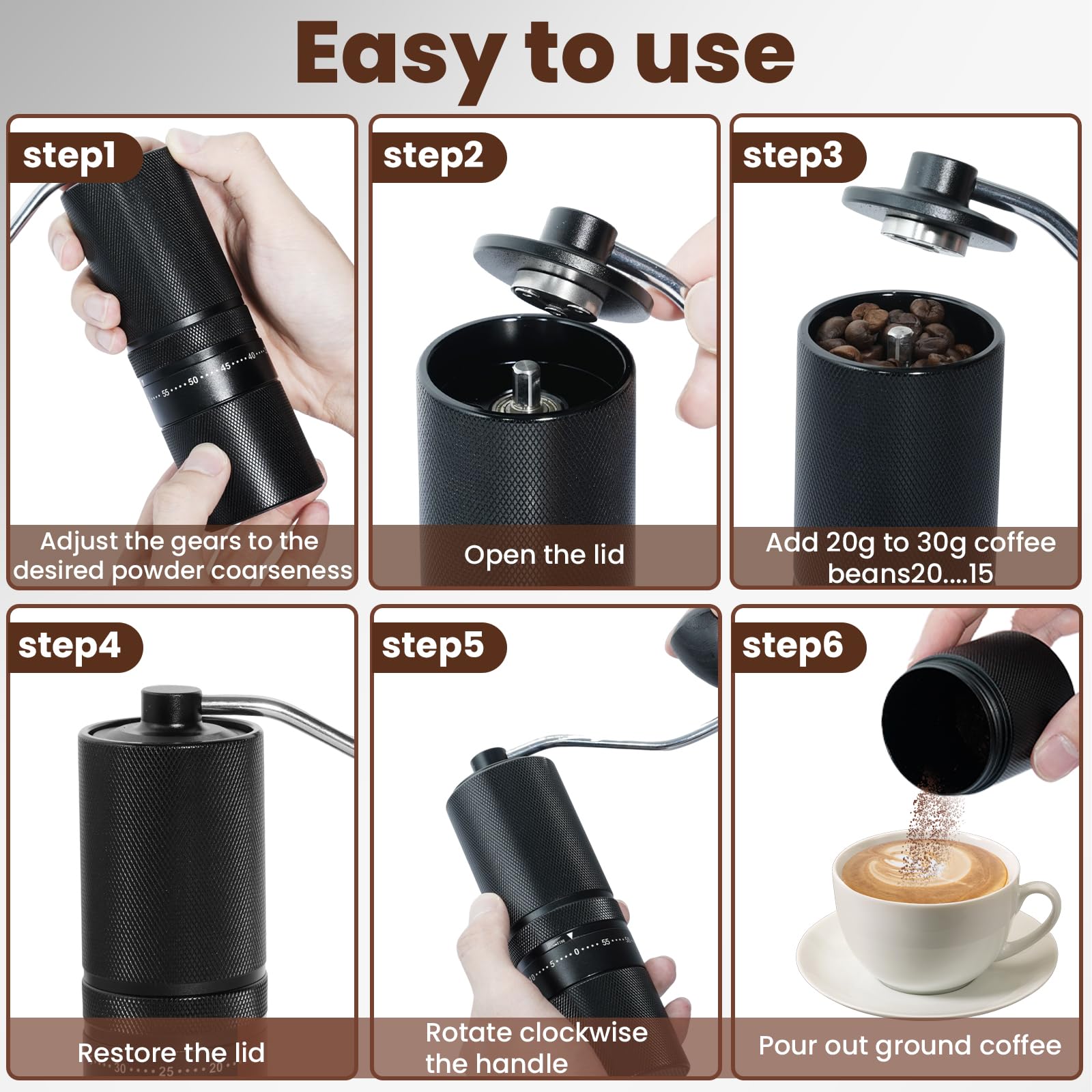 Manuelle Kaffeemühle mit 60 einstellbaren Stufen, geradem Griff für French Press, Filterkaffee und Espresso, Edelstahl-Kegelmahlwerk mit konstant bleibender Mahlleistung, 28g Füllmenge