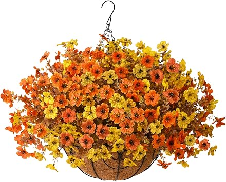 Artificial Fake Hanging Baskets Fall Flowers for Outdoors Autumn Decoration, 12 PCS Faux Daisy Silk Plants Outside UV Resistant Look Real Yard Patio Front Porch Balcony Home Decor Orange Yellow
