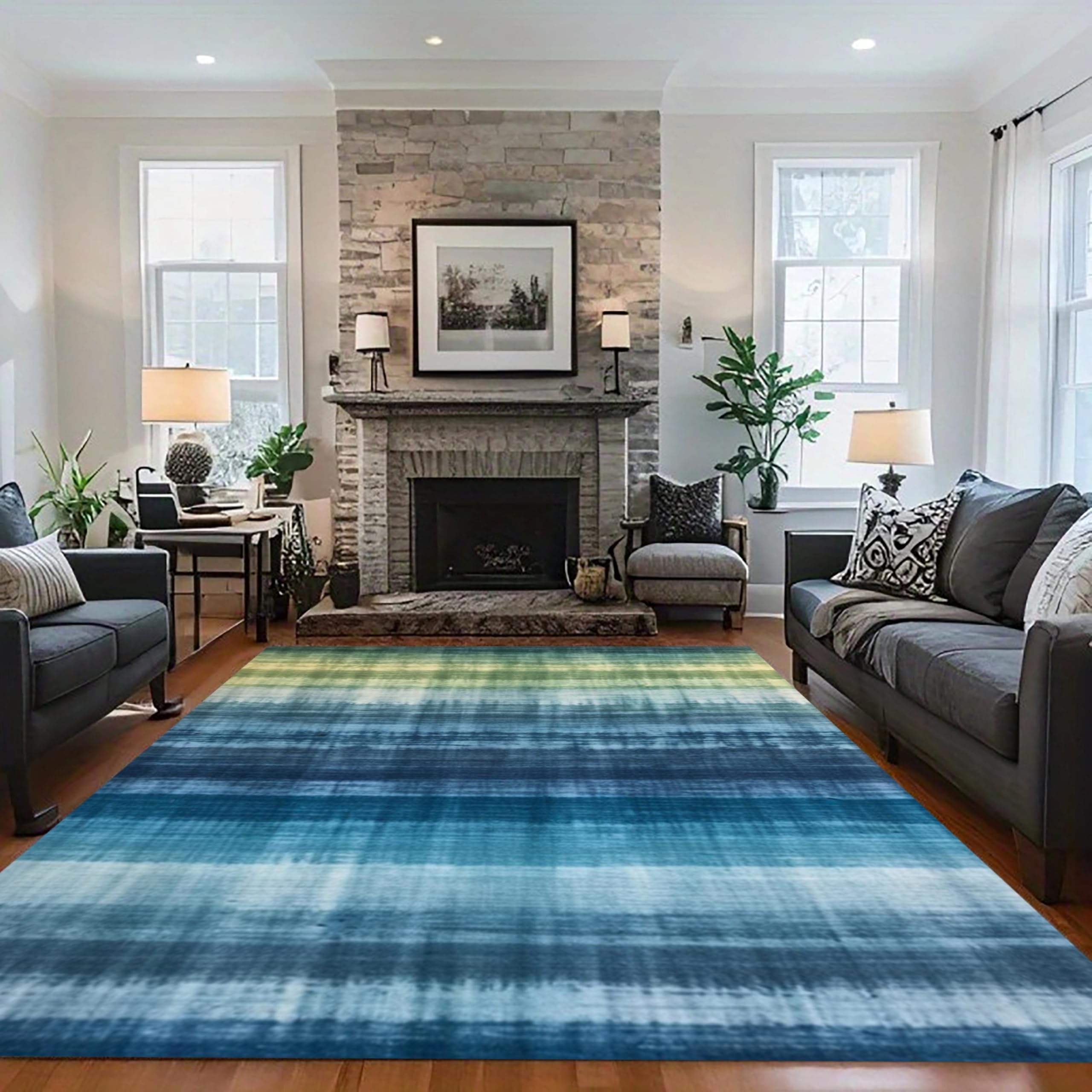 MUOUCTE Tie Dyed Area Rug, 160x200cm Stylish Simple Modern Blue Green Gradient Plaid Rugs, Non-Slip Washable Smudge-Dyed Abstract Carpets, for Corridor Bedrooms Study Room Floor Rug